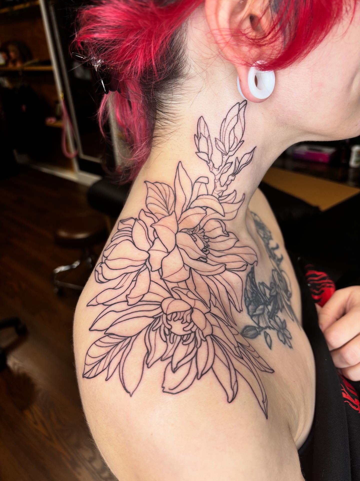 Floral bouquet black and grey tattoo on the shoulder by Wren Hollow, Portland, Oregon