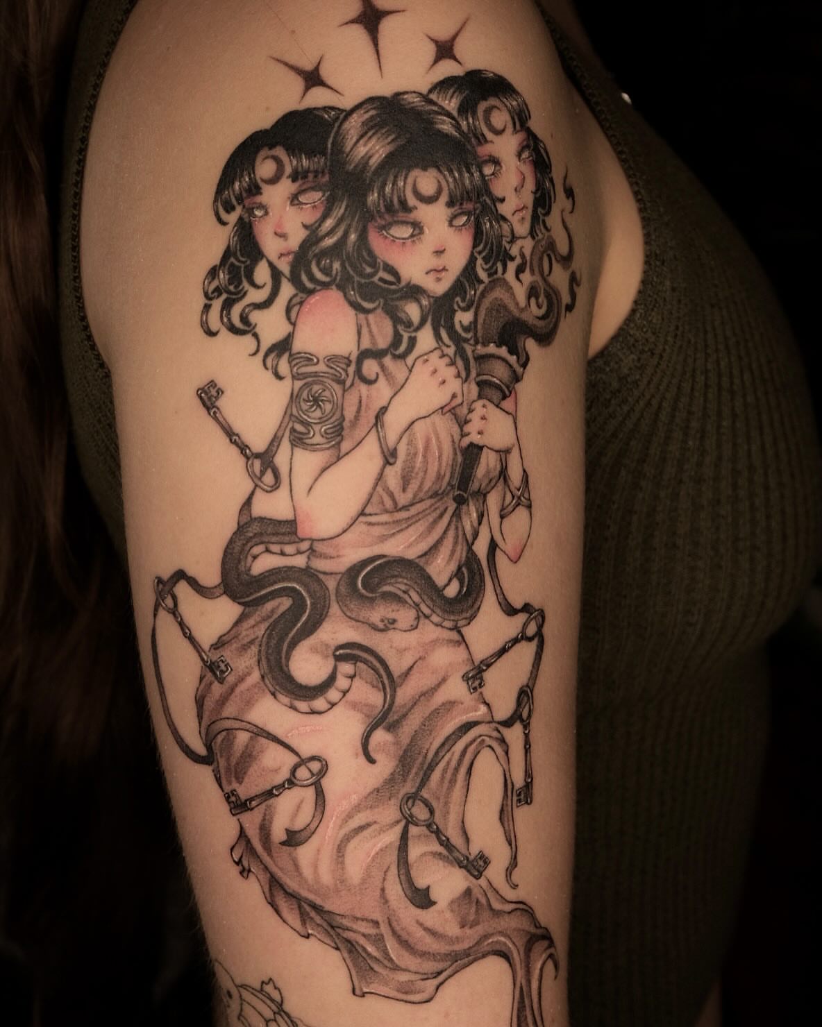 Three-headed woman illustrative tattoo on the shoulder by misa (mi isabelle) β€οΈβπ₯π