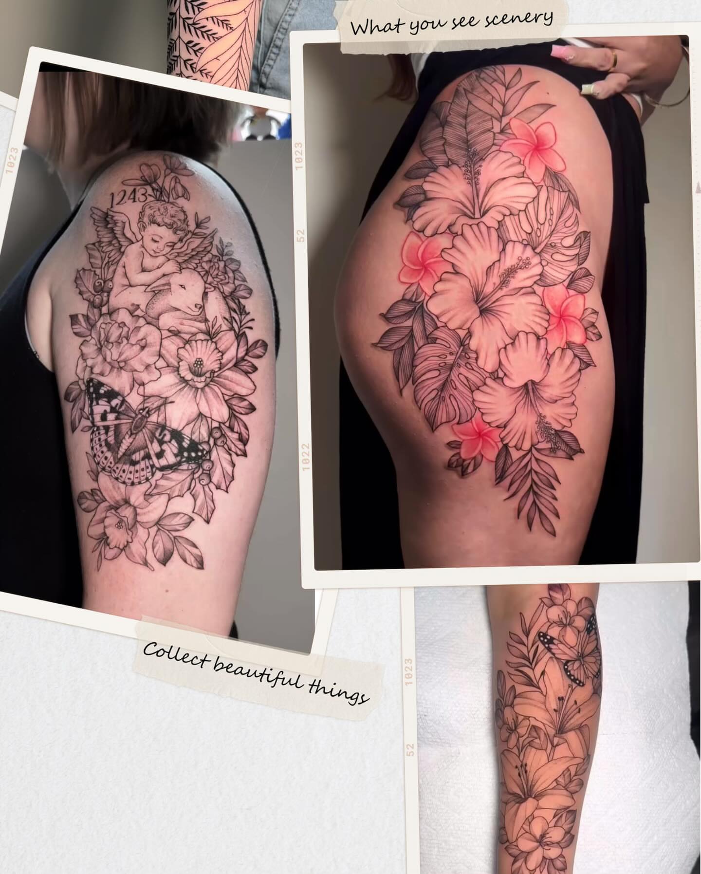 Floral bouquet black and grey tattoo on the thigh by Houston Tattoo🇺🇸👩🏻‍🎨💉