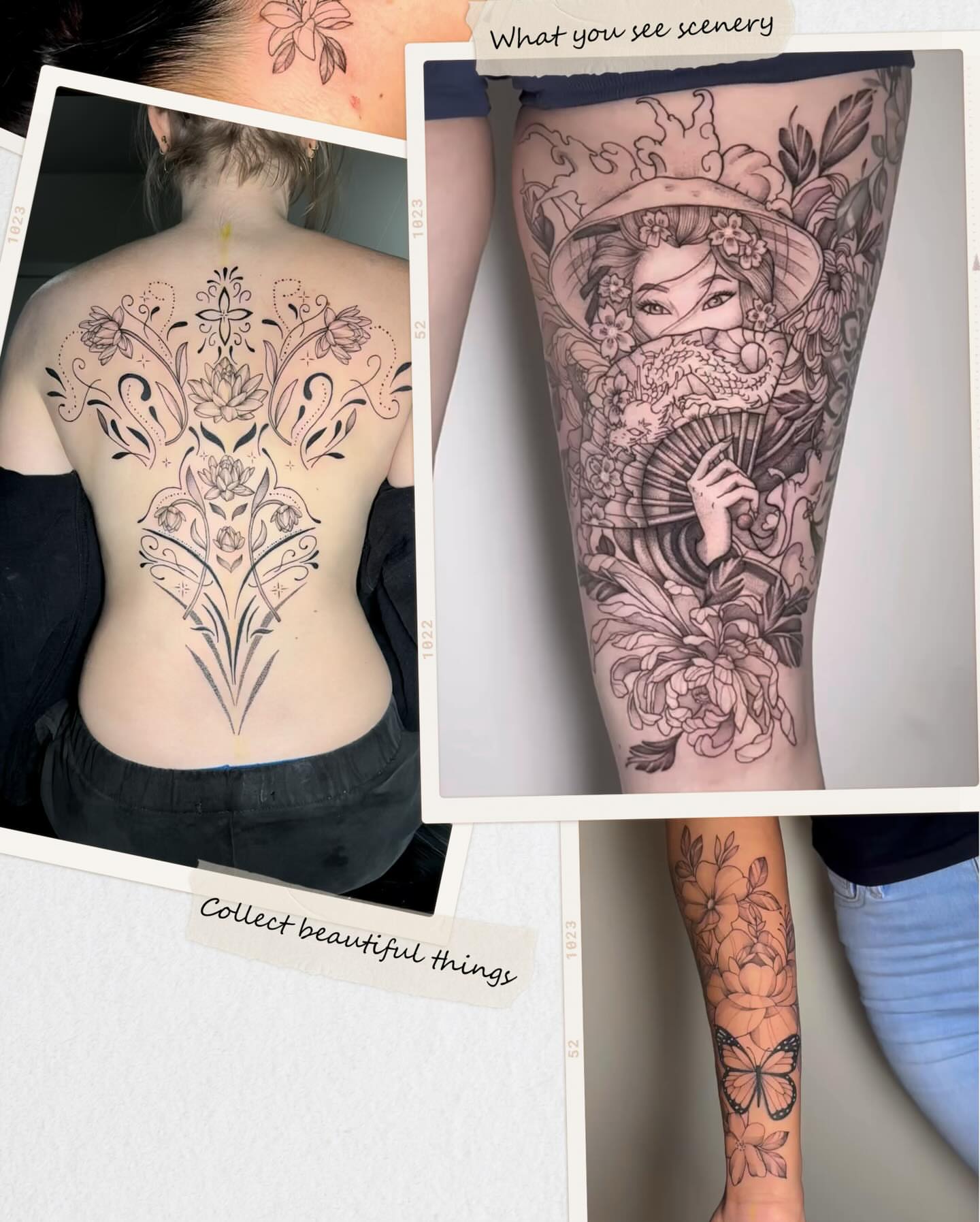 Floral and butterfly black and grey tattoo on the upper arm by Houston Tattoo🇺🇸👩🏻‍🎨💉