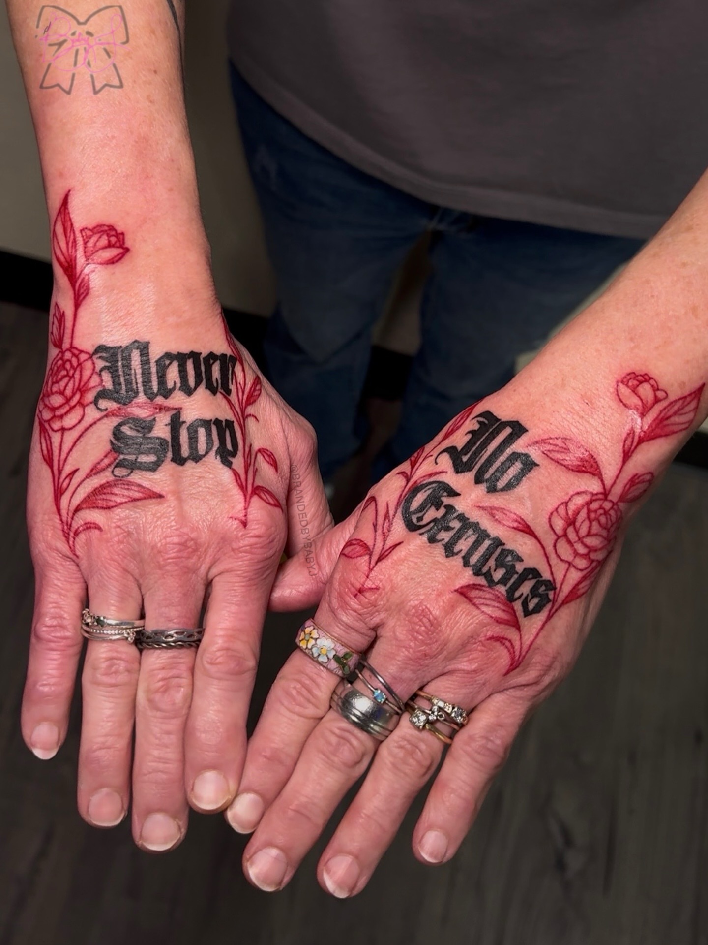 Motivational phrases lettering script tattoo on the hand by 𝔹𝔸𝔹𝕐 𝕁 ♡, Cincinnati, Ohio