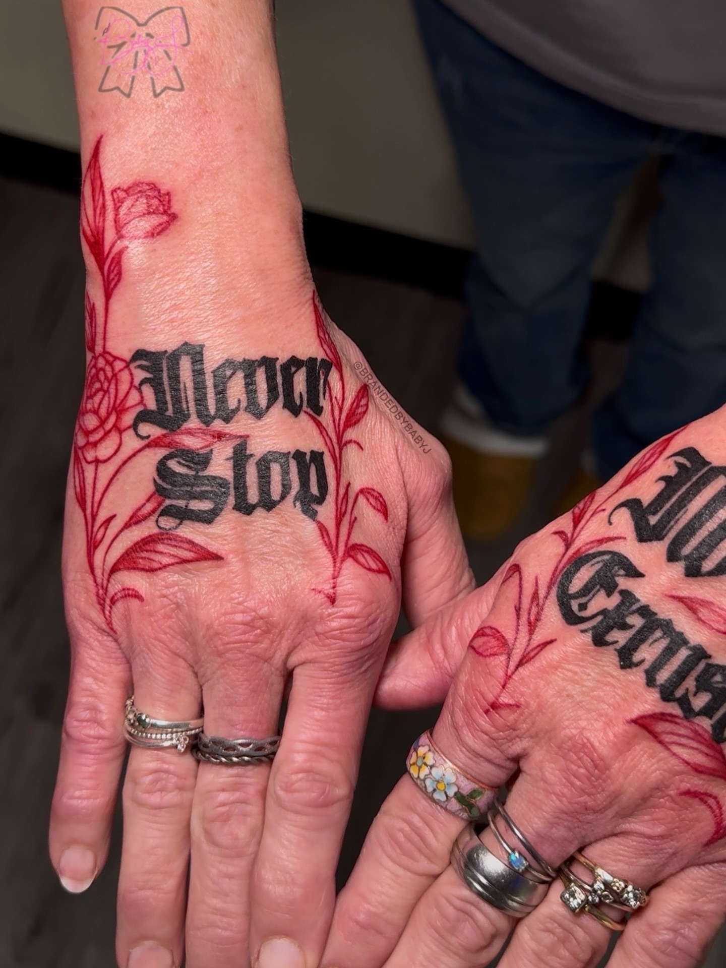 Never stop lettering script tattoo on the hand by 𝔹𝔸𝔹𝕐 𝕁 ♡, Cincinnati, Ohio