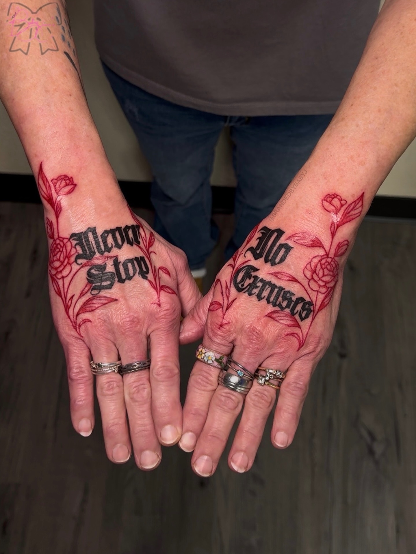Floral and lettering fine line tattoo on the hand by 𝔹𝔸𝔹𝕐 𝕁 ♡, Cincinnati, Ohio