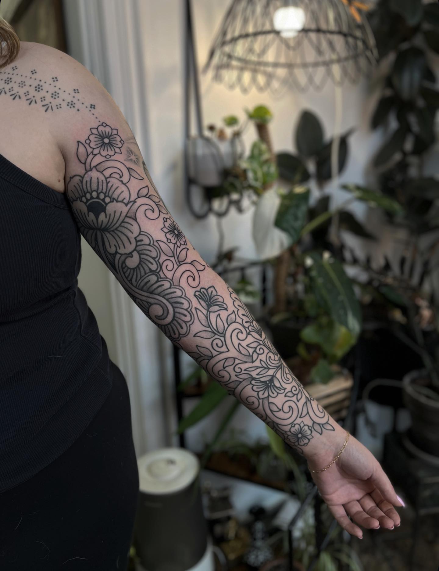 Floral pattern black and grey tattoo on the forearm by ✣ Liz Karn ✣
