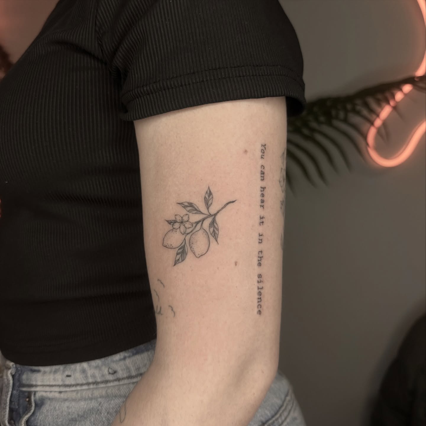 Branch with fruit and flowers fine line tattoo on the forearm by 莹Fineline