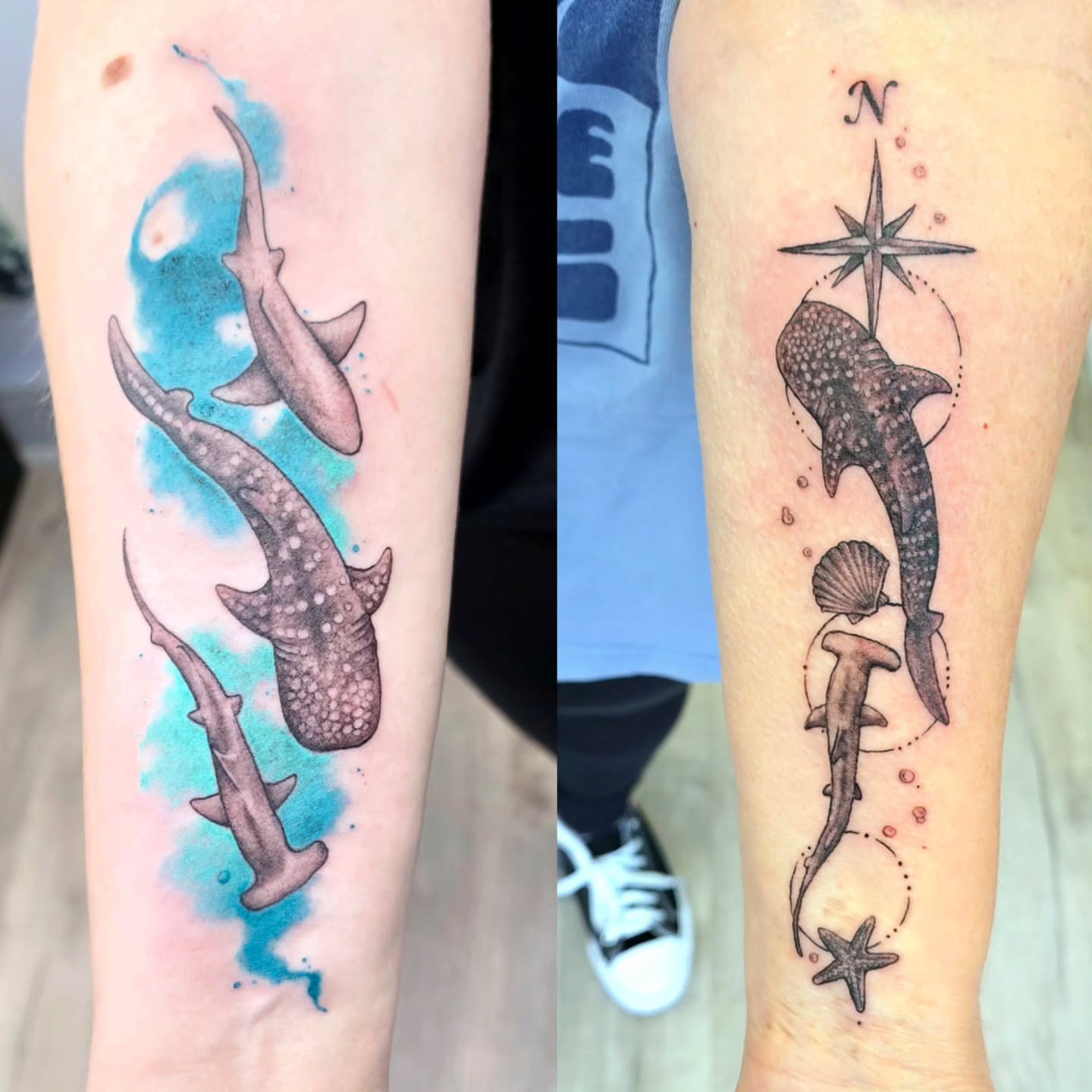 Sharks and marine life dotwork tattoo on the forearm by Emily Louise Tattoos