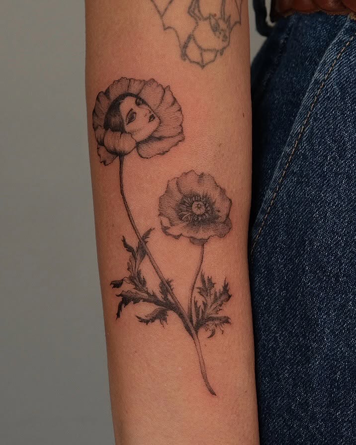 Poppy flowers realism tattoo on the forearm by macie ❥ austin tattoo artist, Austin, Texas