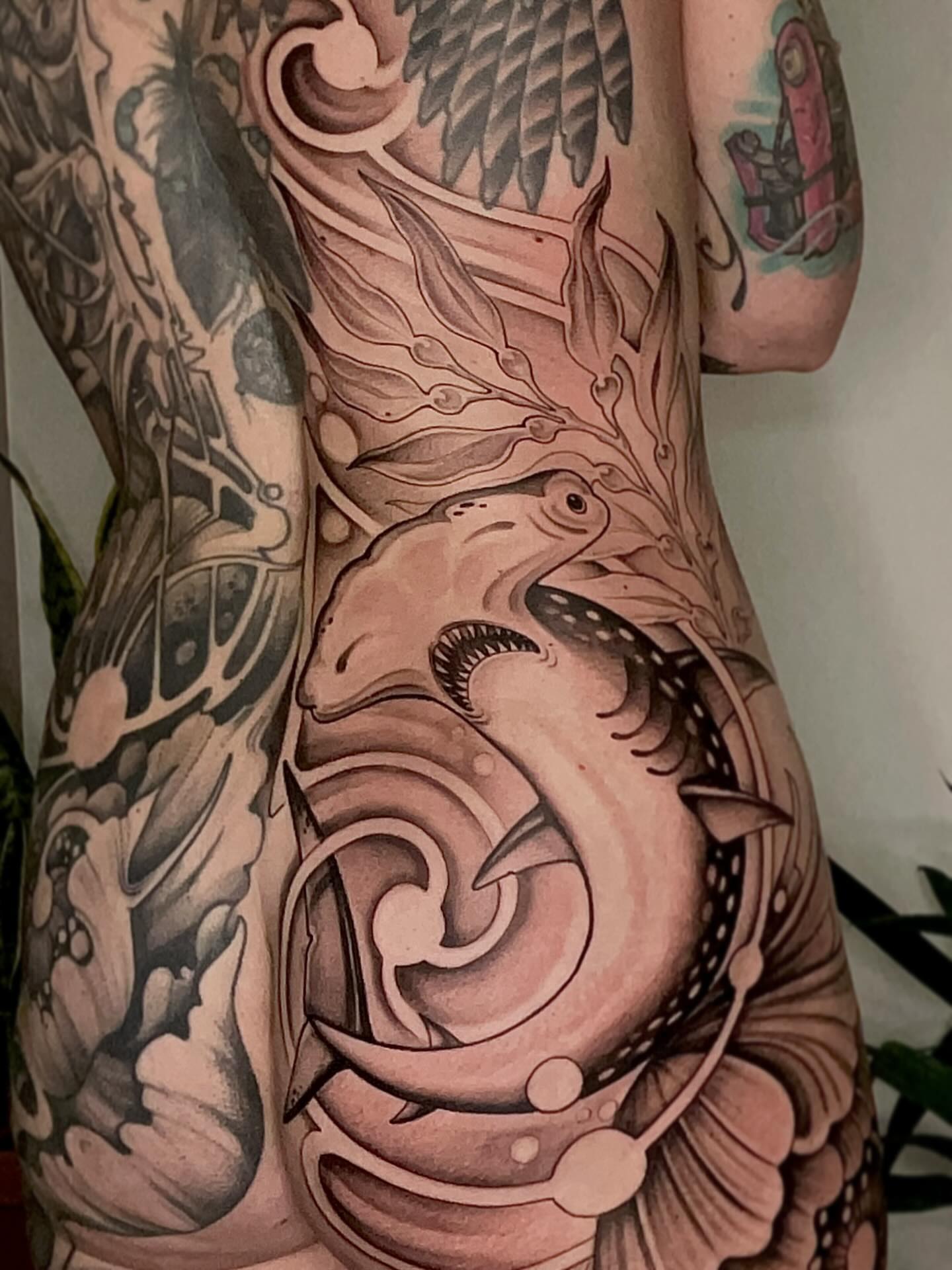 Shark black and grey tattoo on the torso by Samantha Castrovinci, Durham, North Carolina