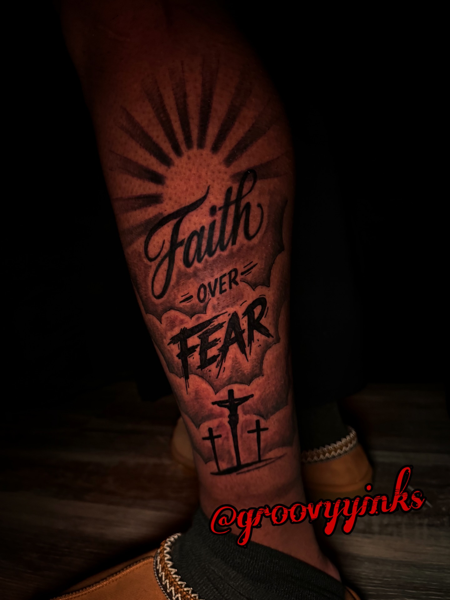 Faith over fear dotwork tattoo on the forearm by groovyyinkss