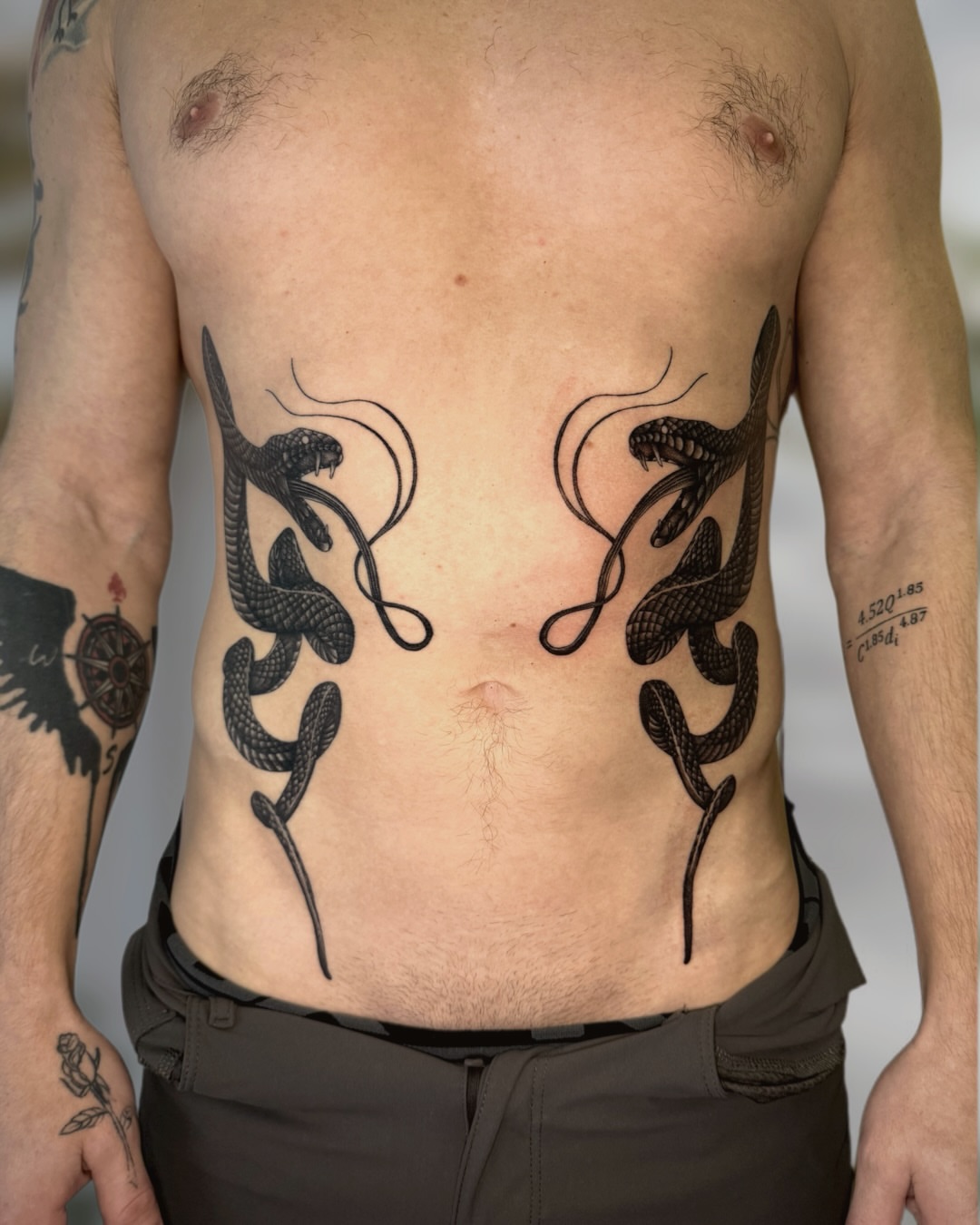 Snakes black and grey tattoo on the torso by Ingrid Rojas
