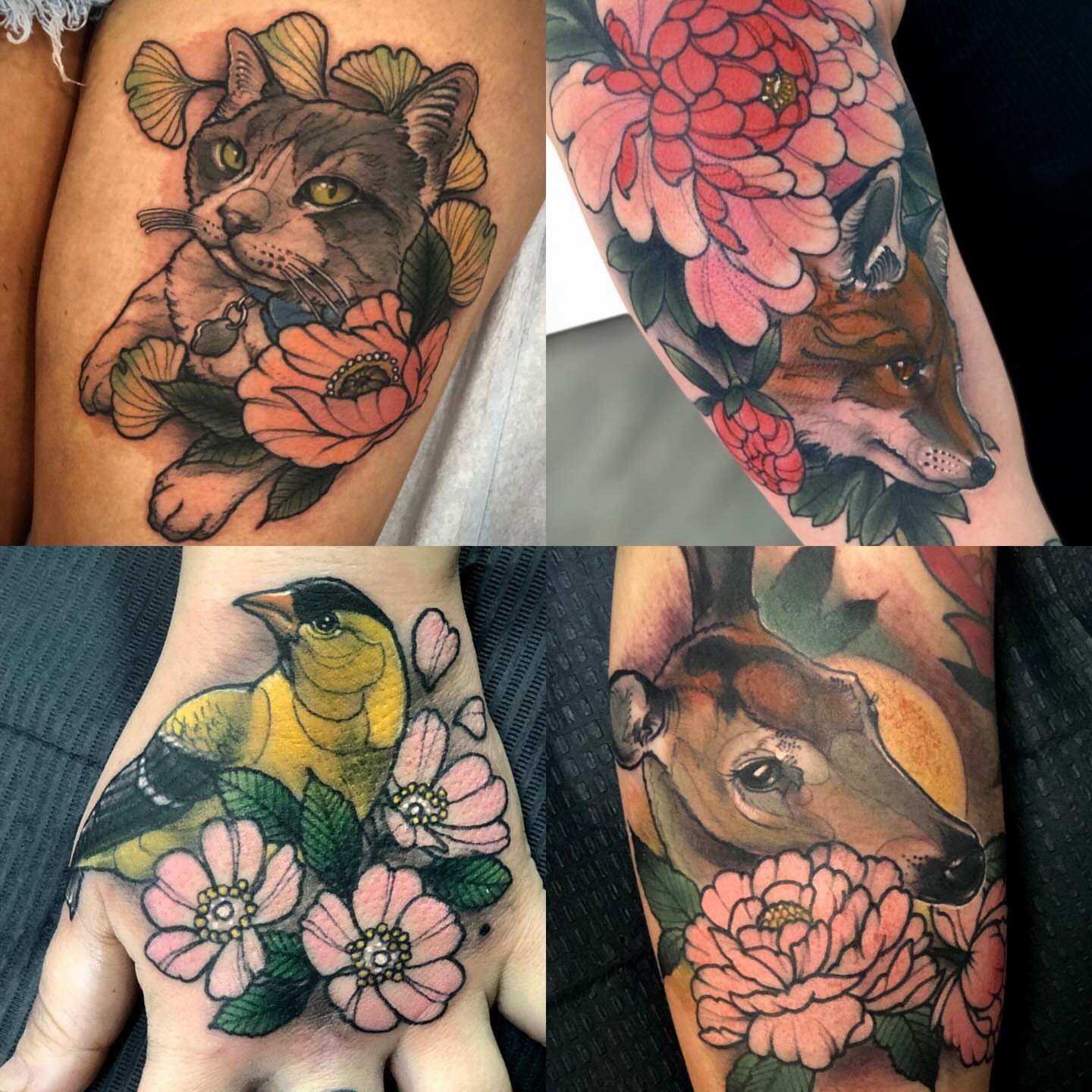 Animal and flowers realism tattoo on the upper arm by Alec Bauer