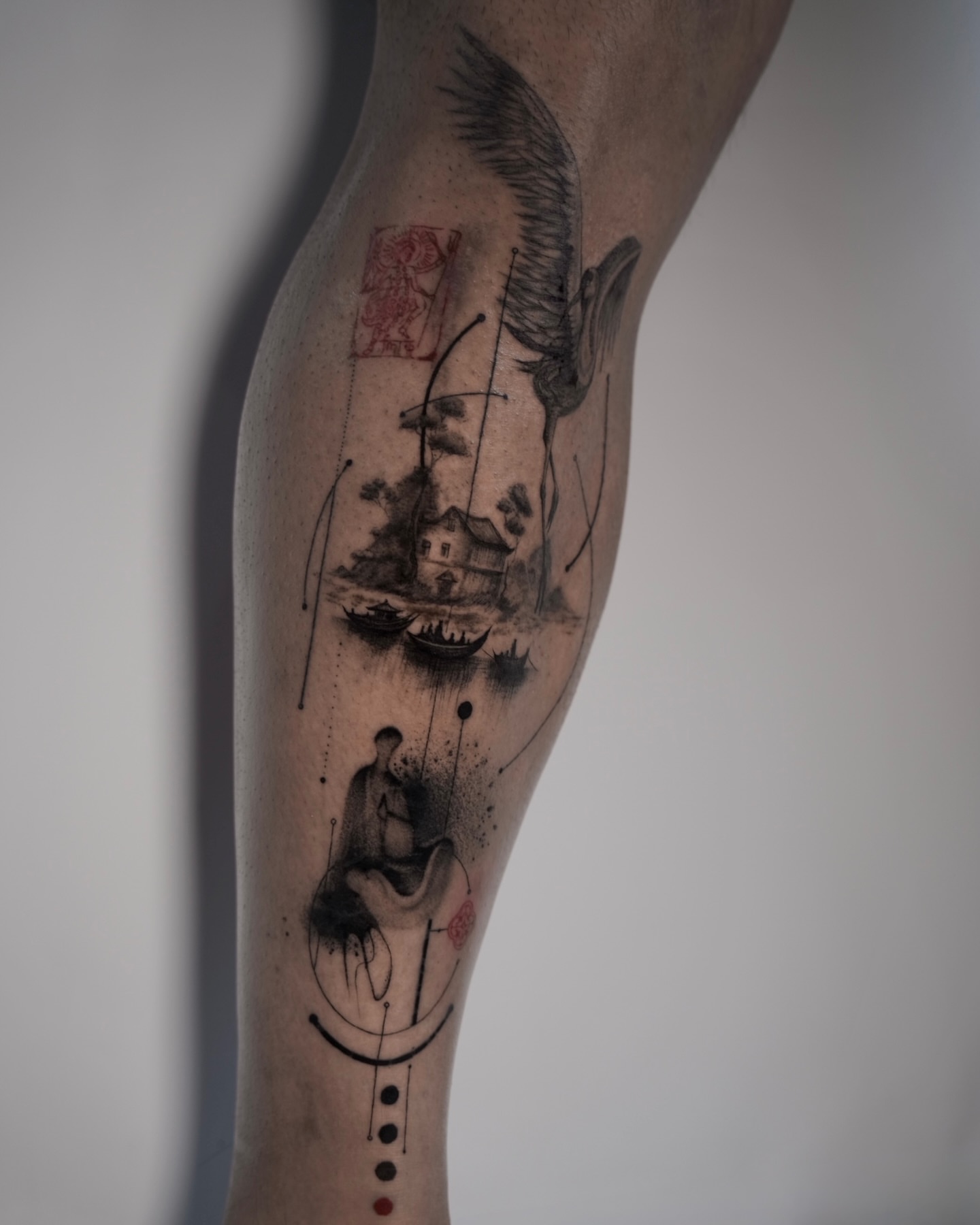Landscape with boat and crane dotwork tattoo on the calf by Lily K.