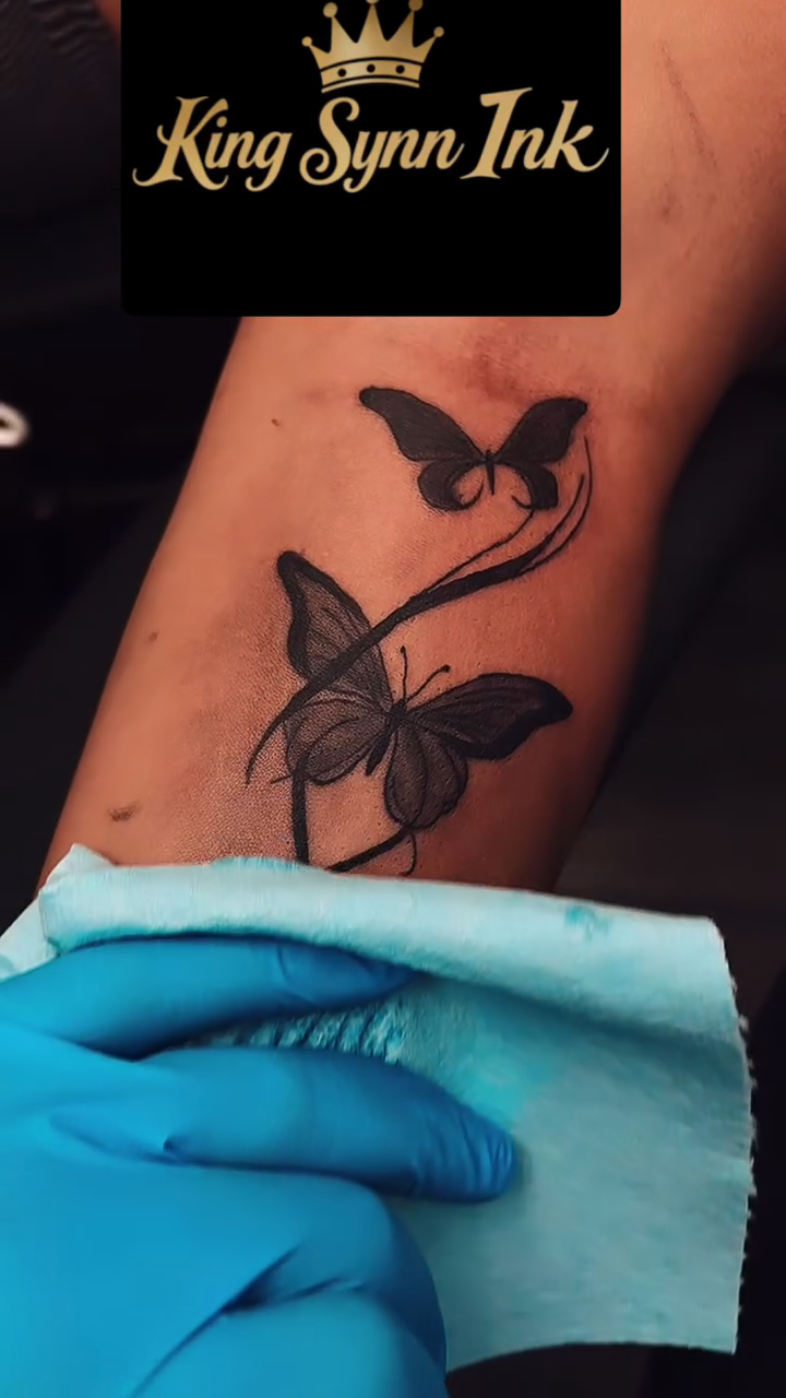 Butterflies and vine fine line tattoo by Syneca Wilson, Acton, Massachusetts