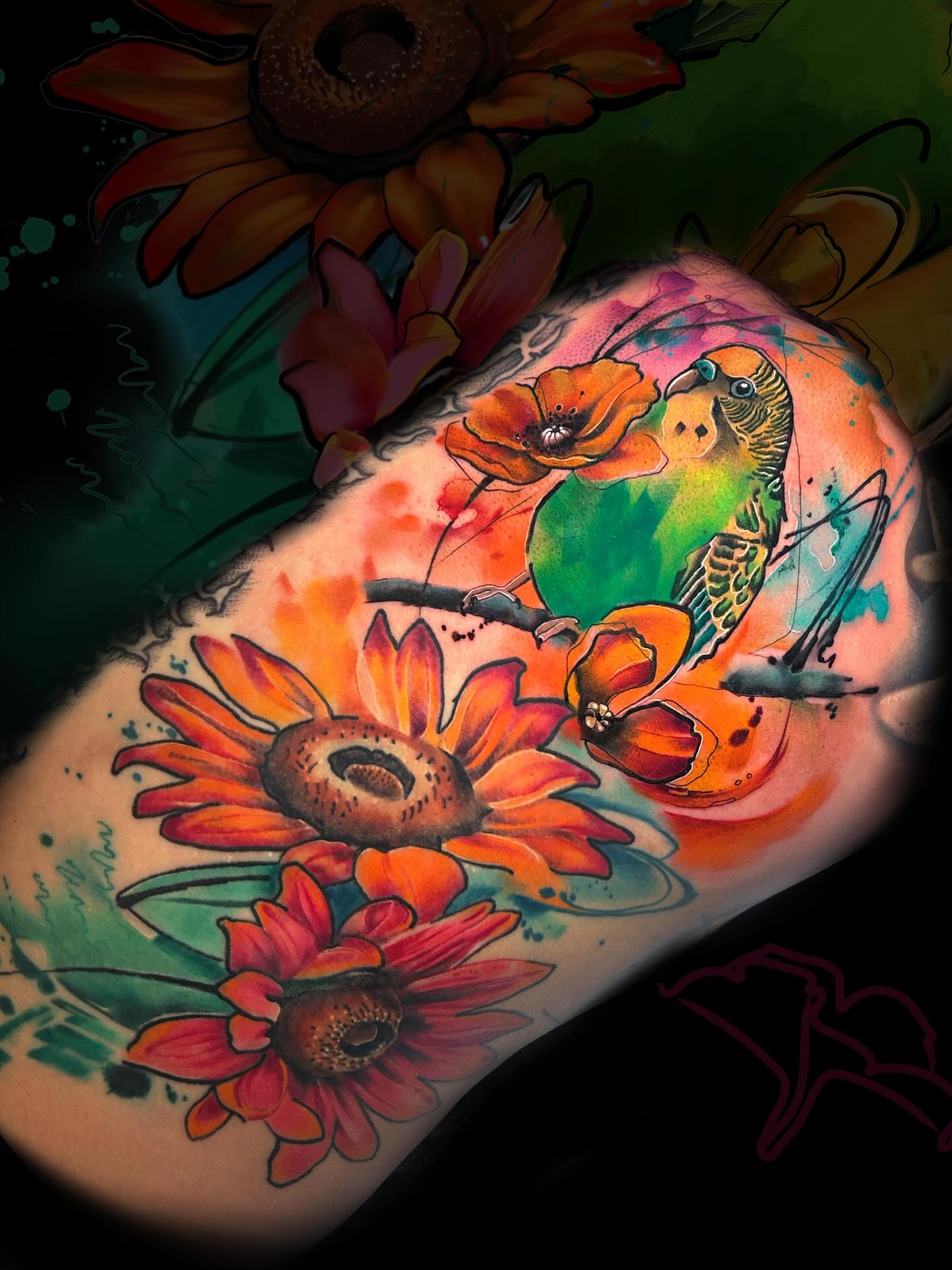Bird and flowers watercolor tattoo on the forearm by Aline Petunia, Los Angeles, California