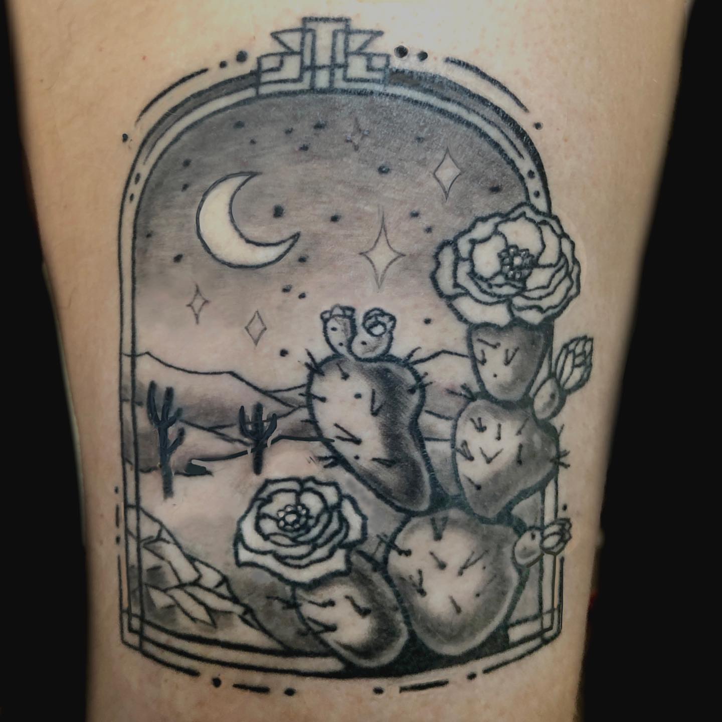 Desert night geometric tattoo on the forearm by Dharm, Denver, Colorado