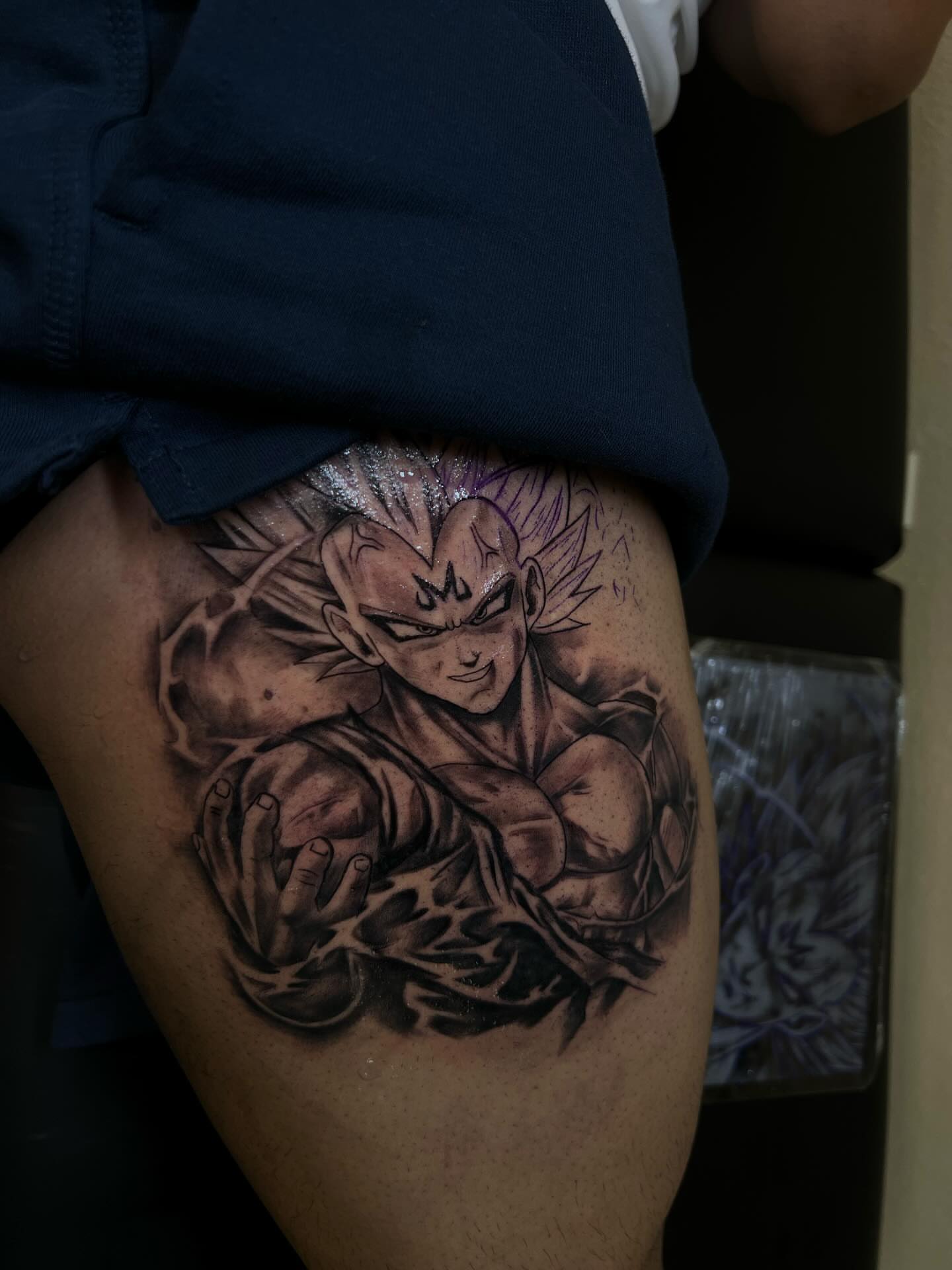 Super saiyan anime tattoo on the thigh by Mr Letters🗡️
