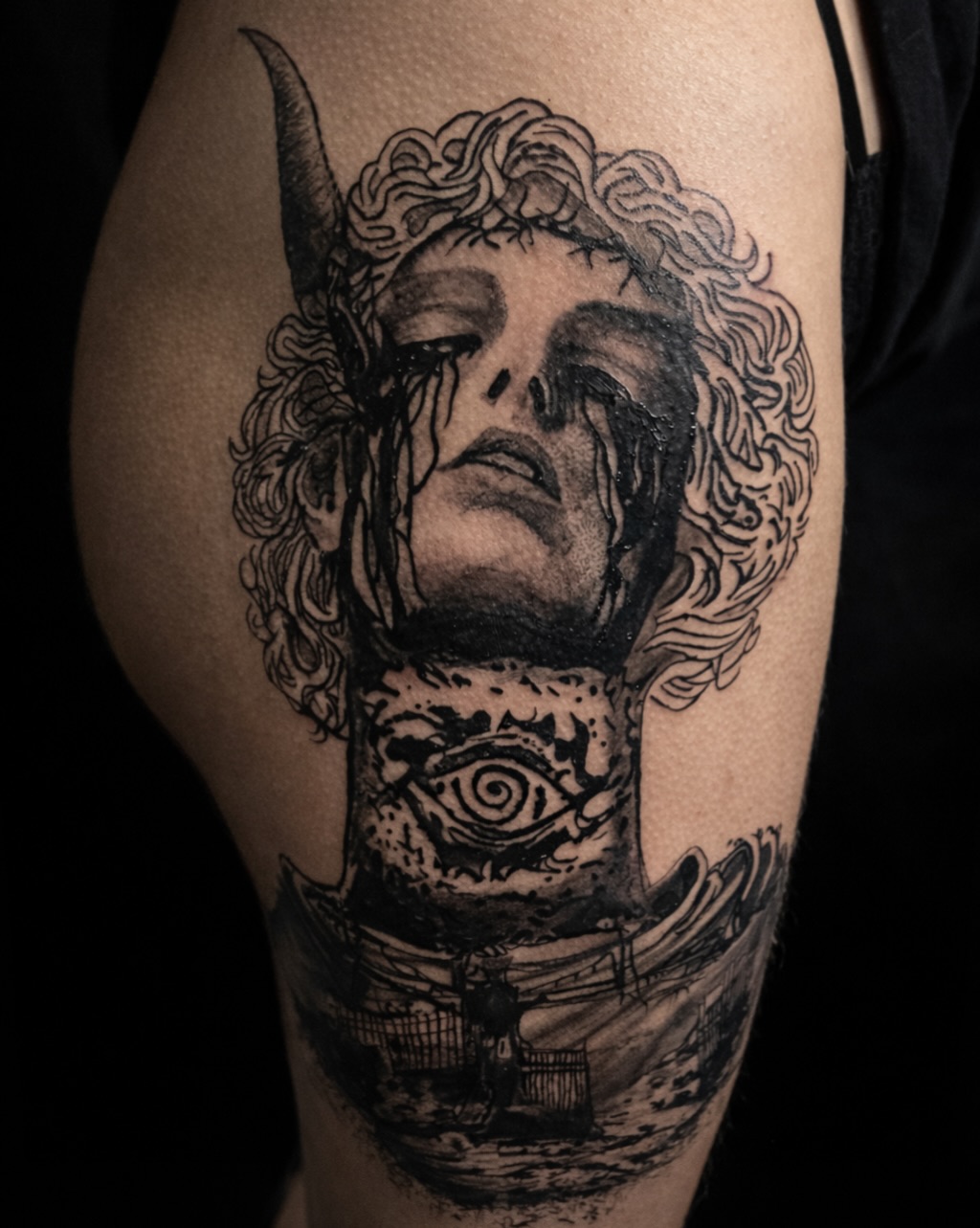 Realism tattoo on the upper arm by K Valentine