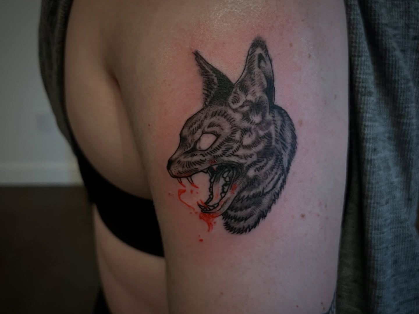 Cat black and grey tattoo on the shoulder by ★𝐑𝐮𝐞★