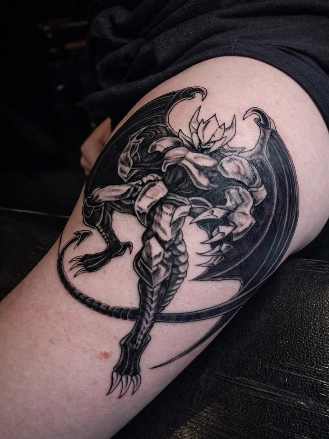 Dragon and lotus realism tattoo on the thigh by Jesse TheTerrible
