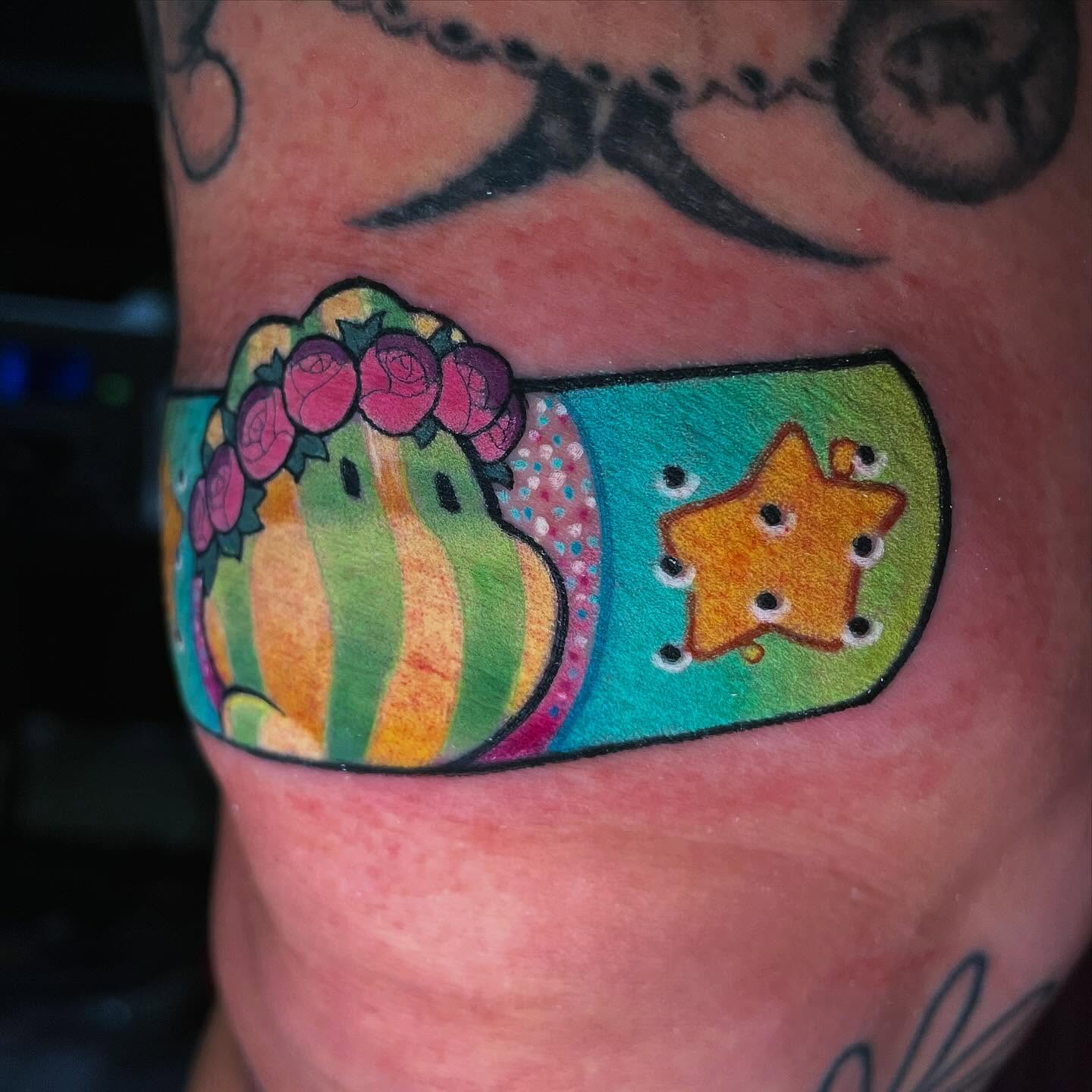Cactus and star dotwork tattoo on the thigh by Shana 🍊Orlando,Fl