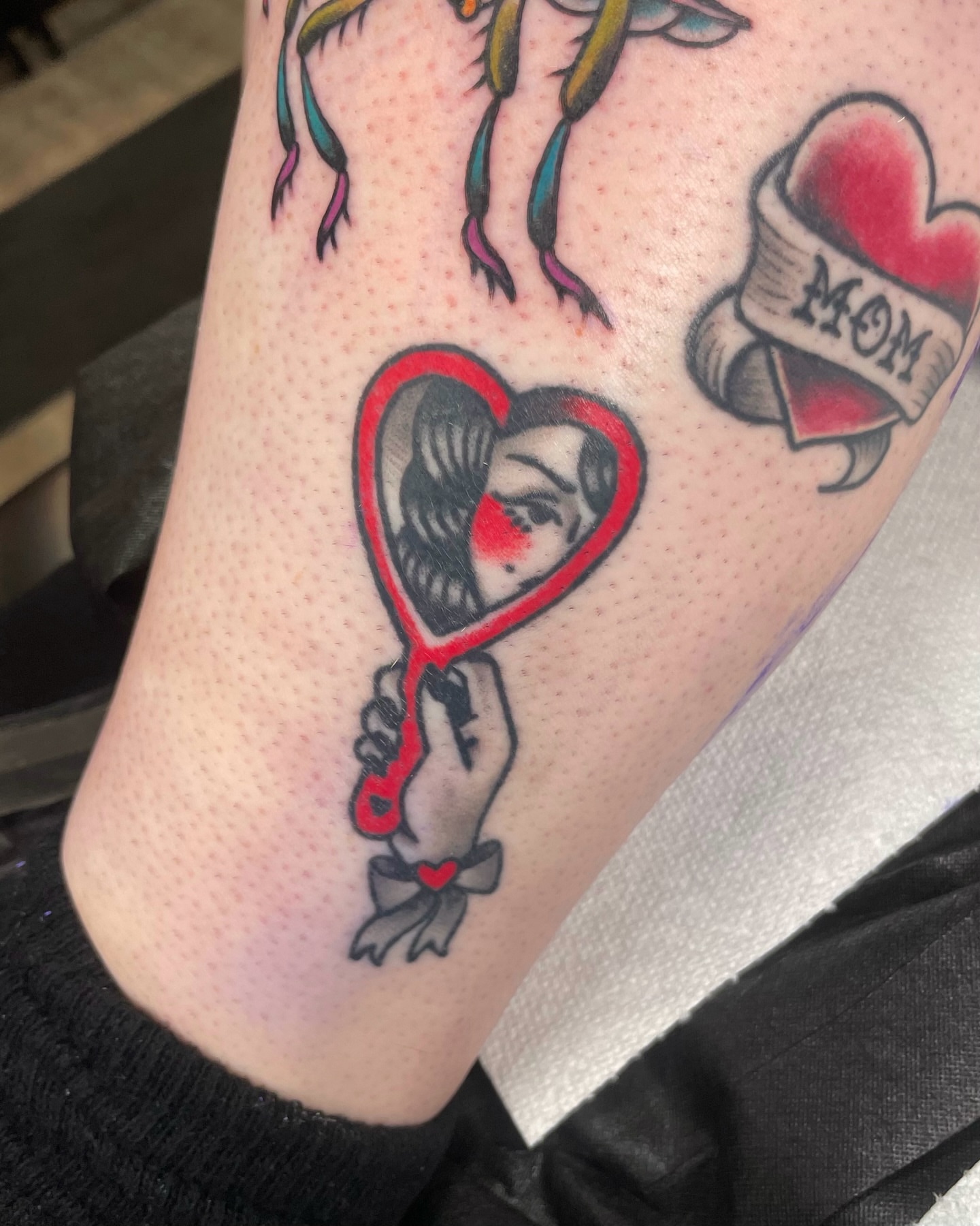 Heart mirror American traditional tattoo on the forearm by 𝕬𝖓𝖆𝖇𝖊𝖑𝖑 𝕸𝖔𝖗𝖔