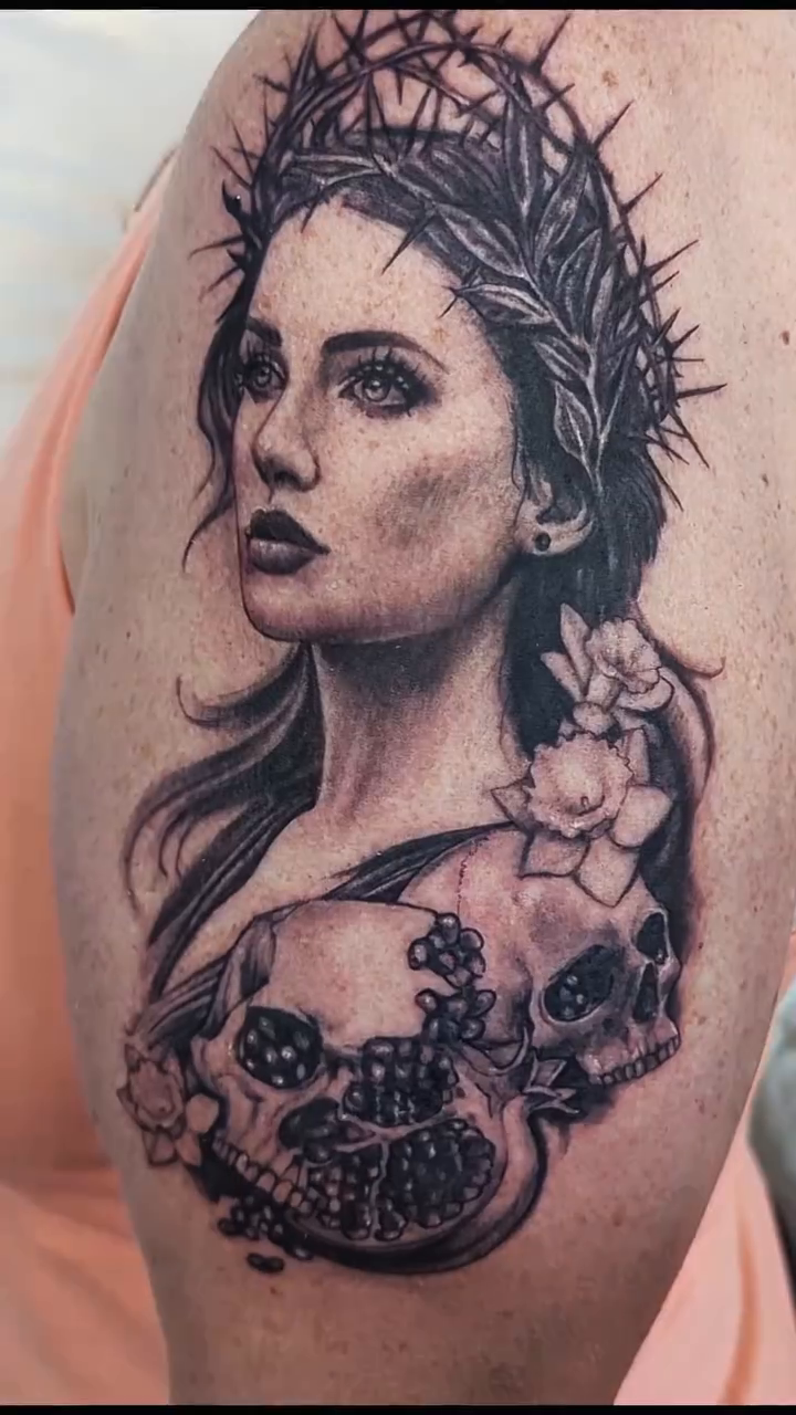 Woman and crown of thorns realism tattoo by 💎 Neon