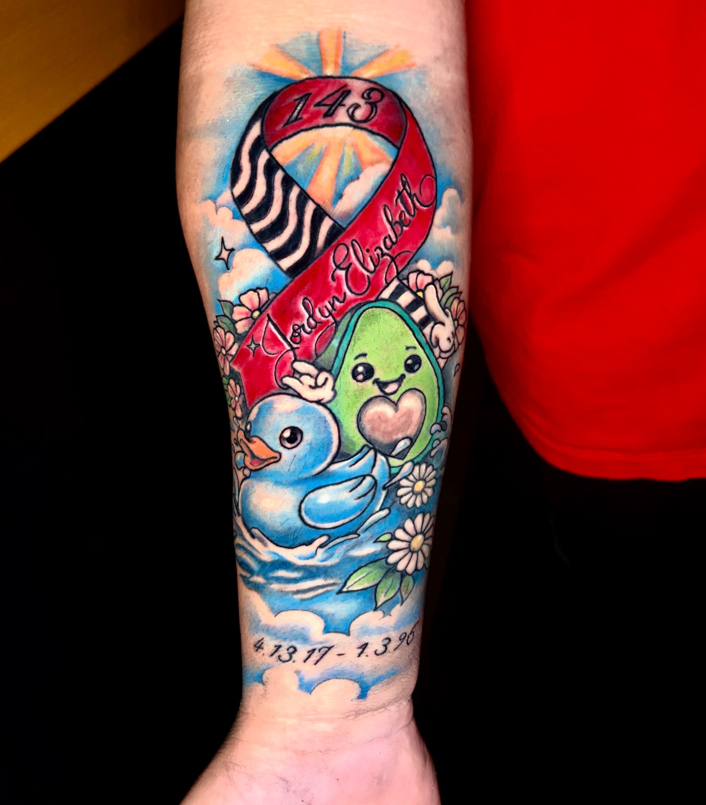 Duck and avocado American traditional tattoo on the forearm by Deacon Moser