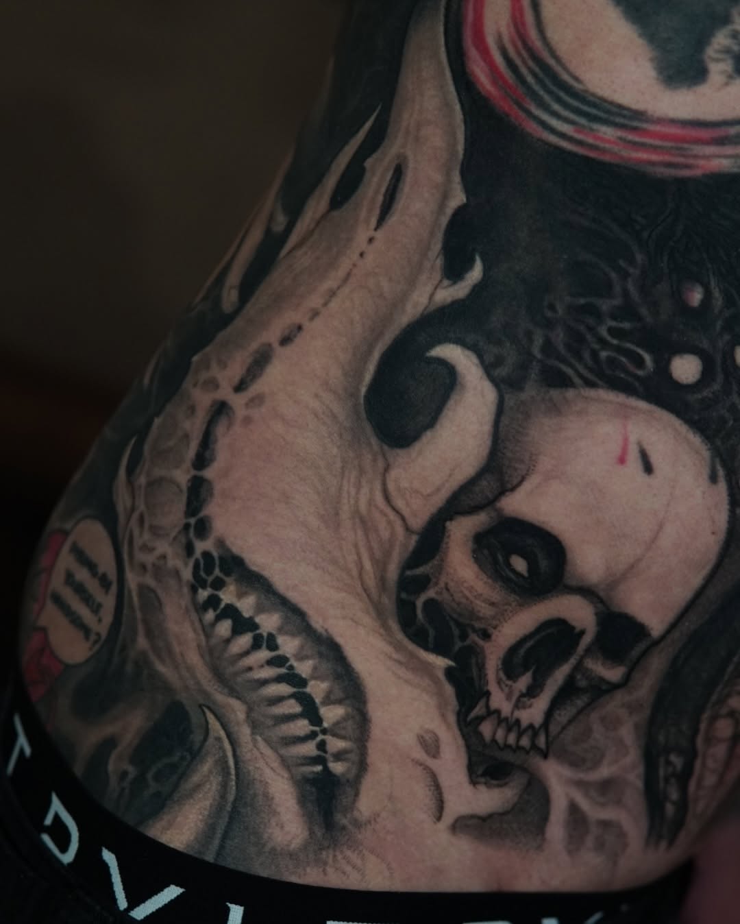 Tattoo by @aaronmtattoos — dark_realism, black_and_grey