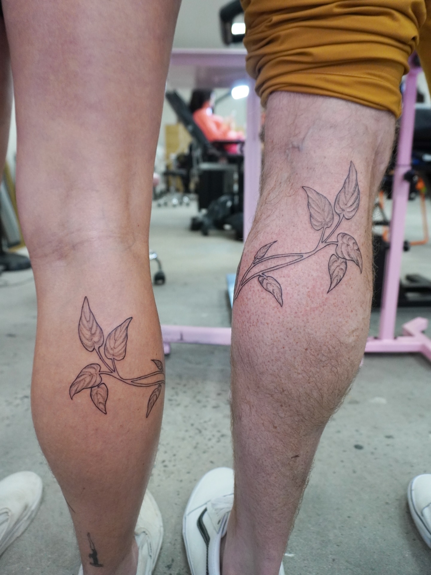 Plant branch fine line tattoo on the leg by eryn! - tattoo artist