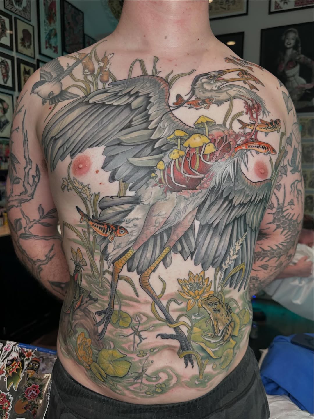 Heron with fish and frog Japanese tattoo on the torso by Cassidy Depew, Seattle, Washington