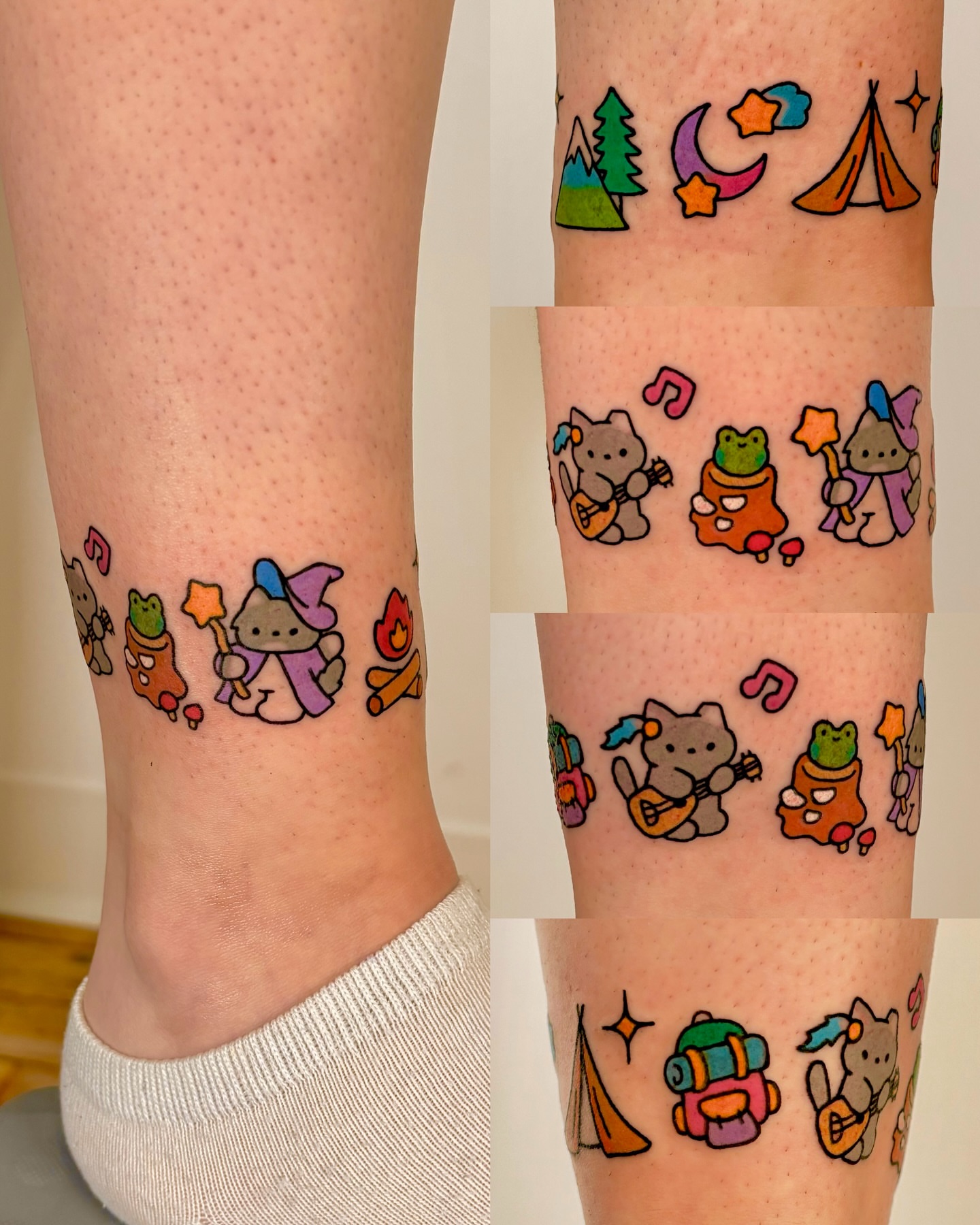 Camping-themed characters dotwork tattoo on the calf by XINAMON 🔥 시나몬
