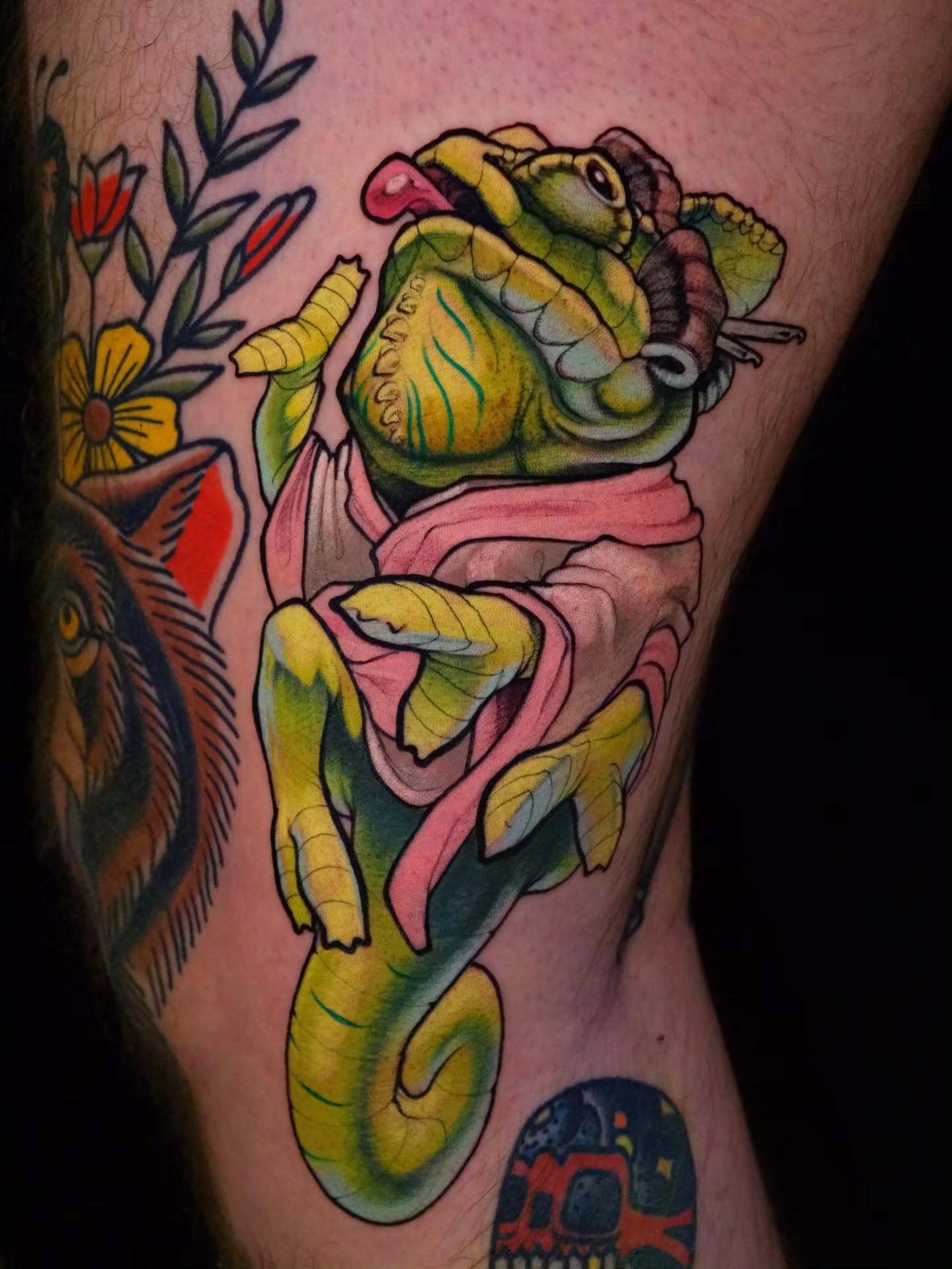 Frog American traditional tattoo on the thigh by Justin Byrd, Kansas City, Missouri