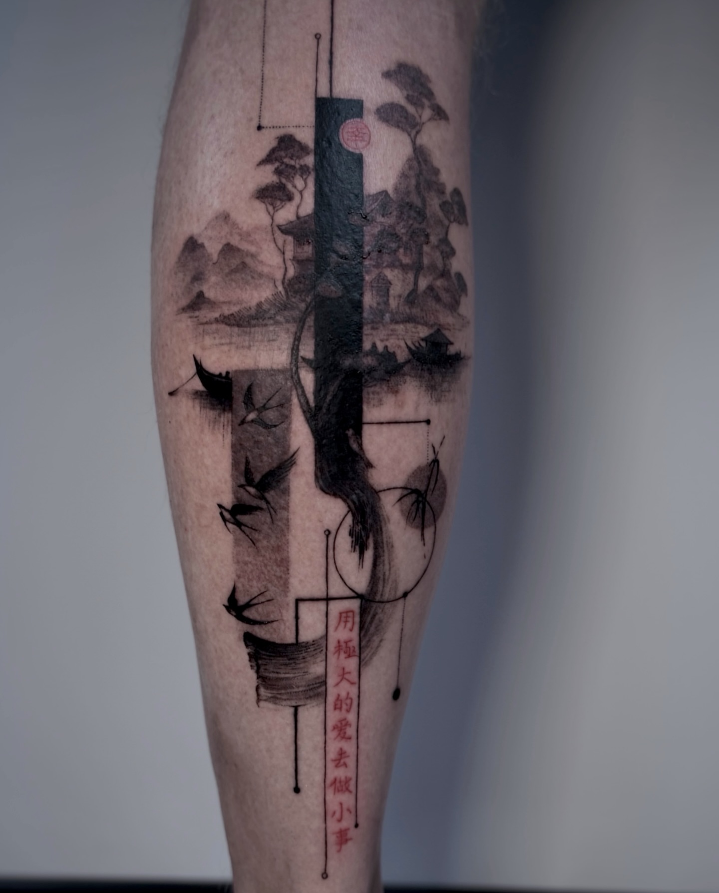 Landscape with trees and buildings geometric tattoo on the forearm by Lily K.
