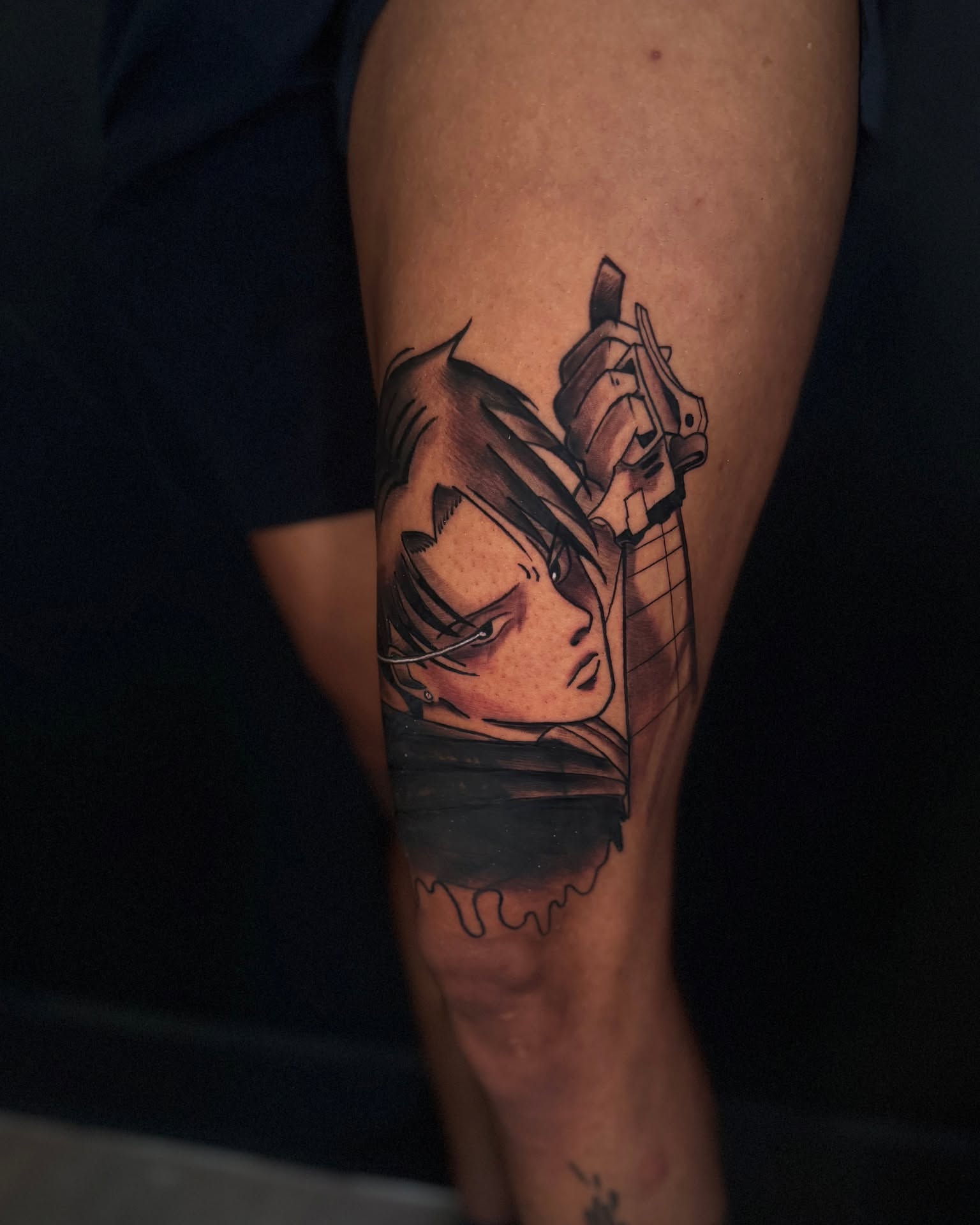 Tattoo by @rhae_ology — anime, black_and_grey