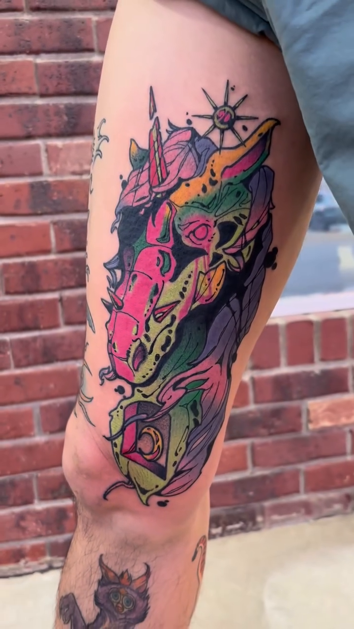 Dragon skull with roses neo-traditional tattoo by Ghost Ham Tattoos