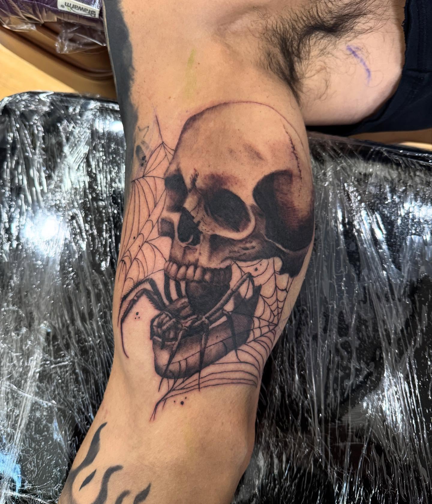 Skull and spider dark realism tattoo on the forearm by Ashley Hsiung *Panda*