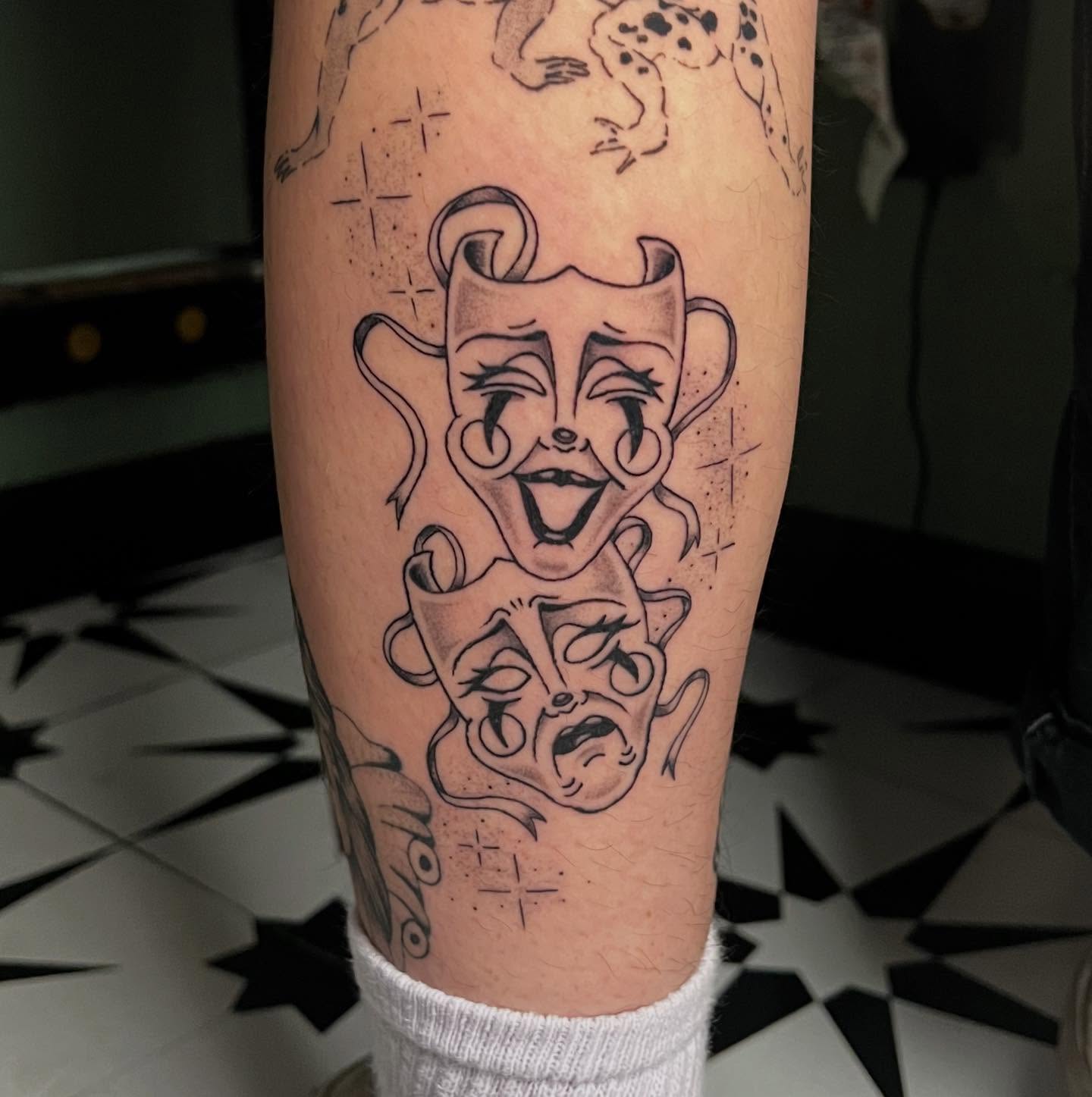 Clown masks dotwork tattoo on the forearm by ☻︎ Cyd Precious ☹︎