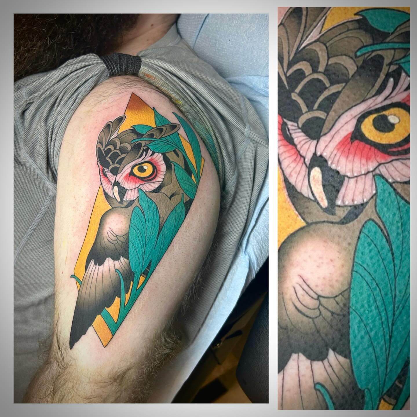 Owl American traditional tattoo on the shoulder by Steve Hooker