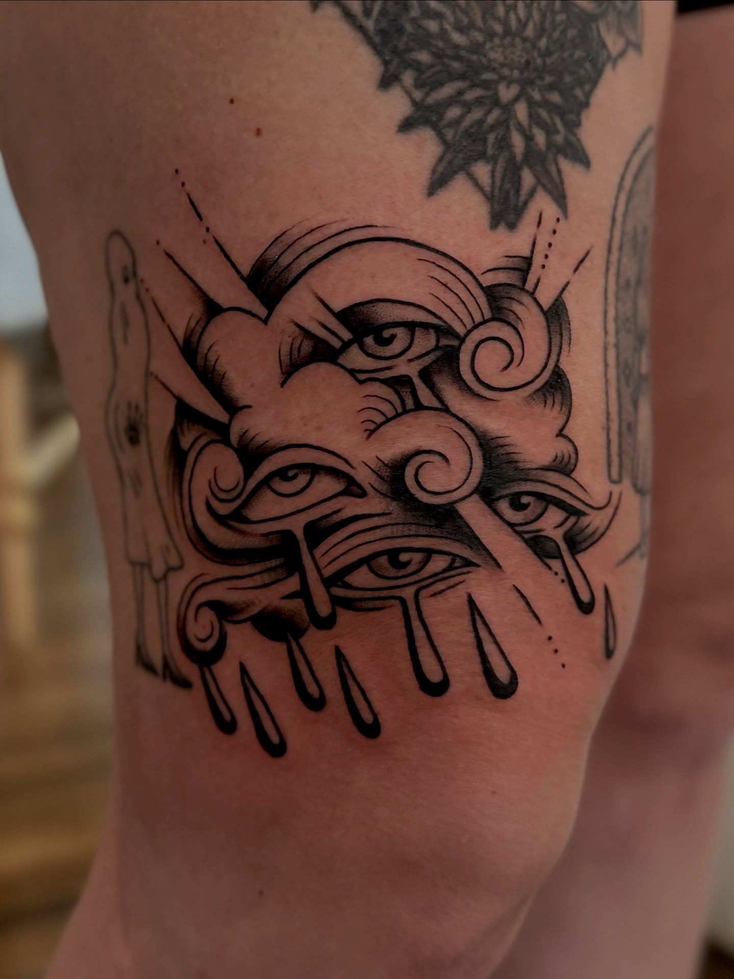 Tearful eyes American traditional tattoo on the forearm by Stacy Fevinger