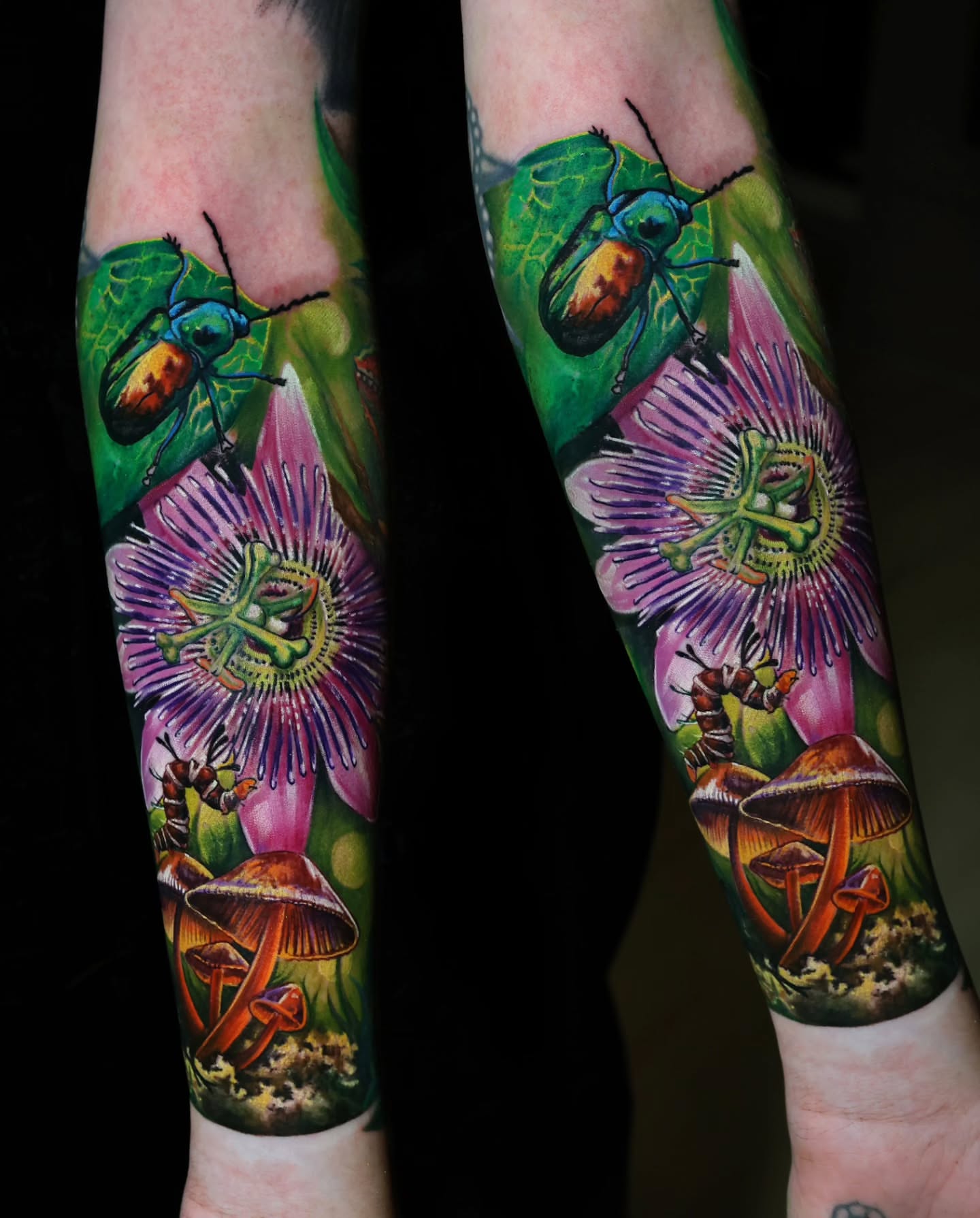 Passion flower and insects realism tattoo on the forearm by Marek Pawlik