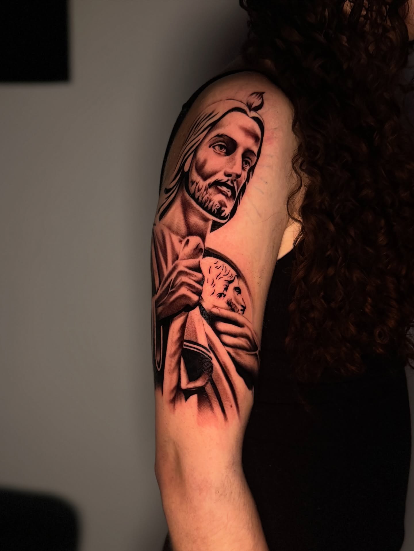 Religious figure realism tattoo on the forearm by InkbyCasillas