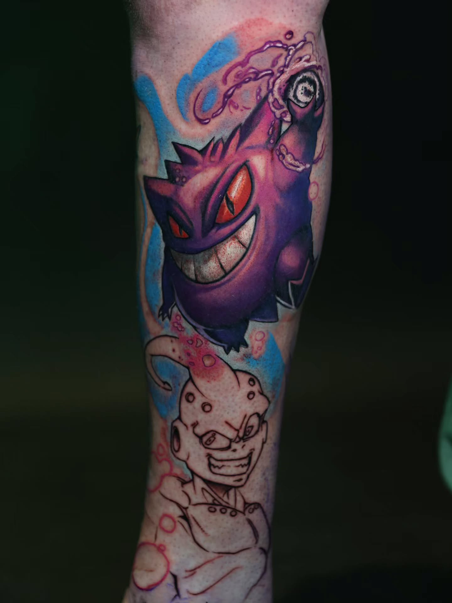 Gengar and Mr. Mime dotwork tattoo on the forearm by Bo