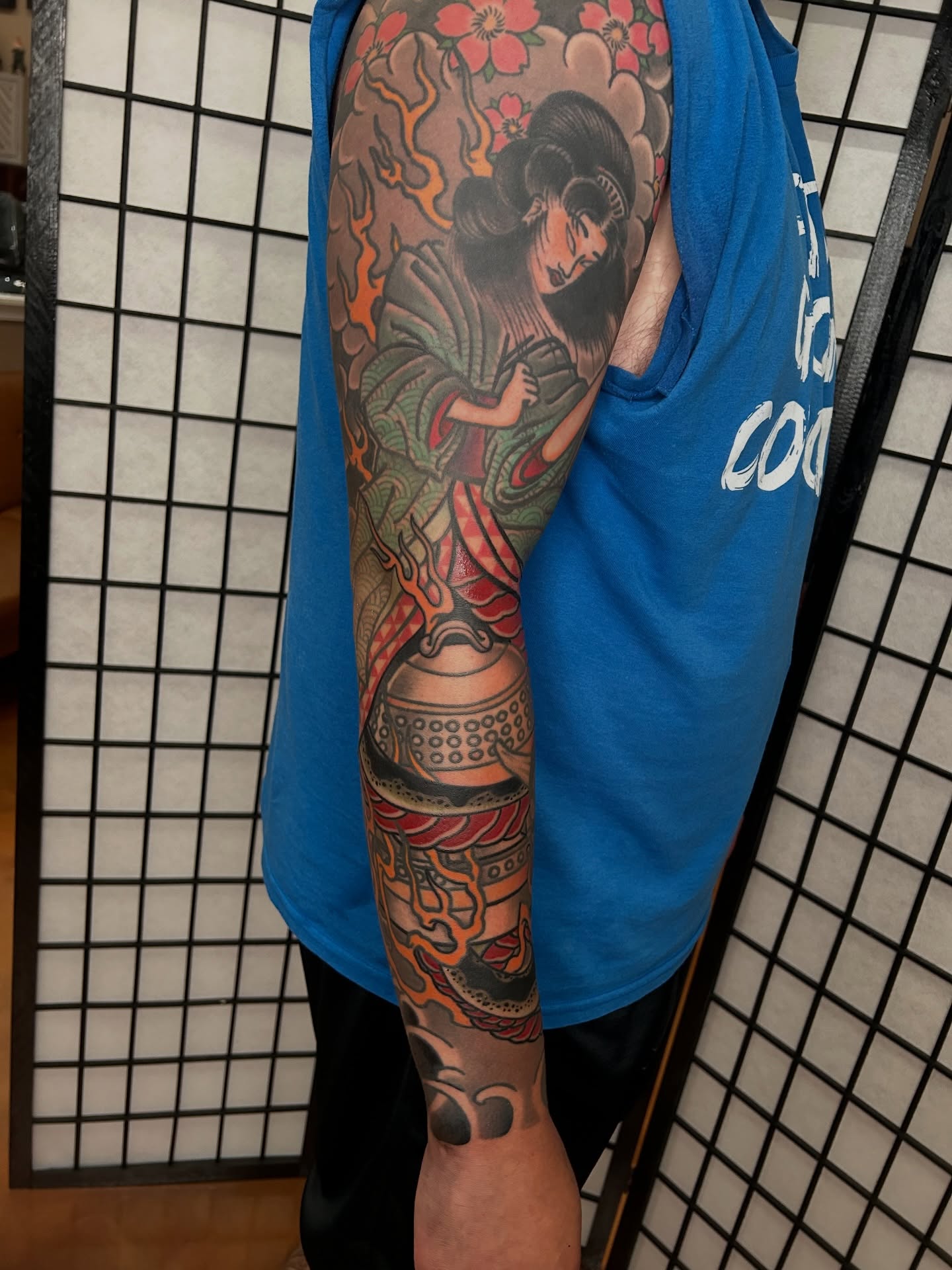 Geisha with kettle japanese irezumi tattoo on the forearm by Alex Byrne