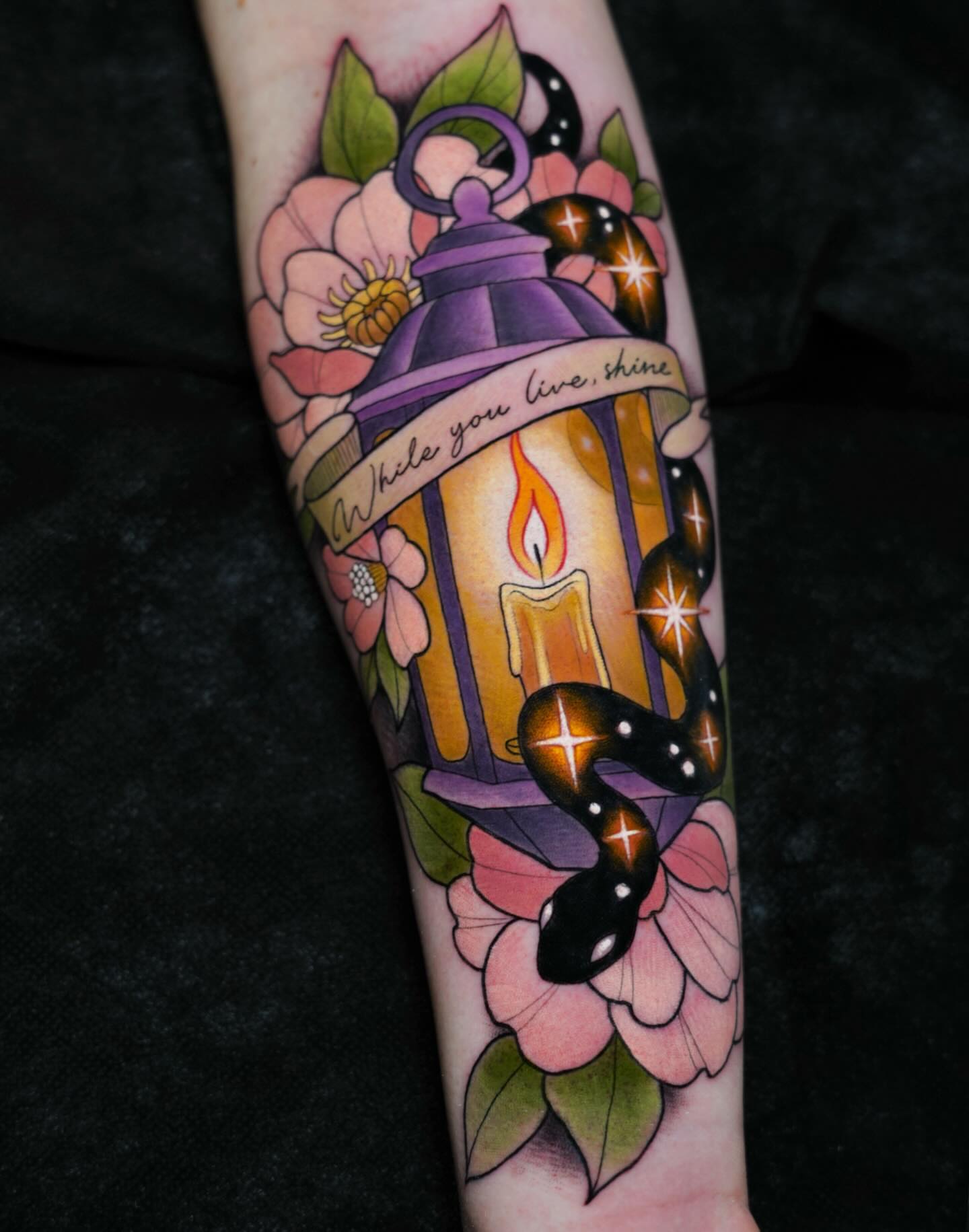 Candle lantern American traditional tattoo on the forearm by Brooke Borden
