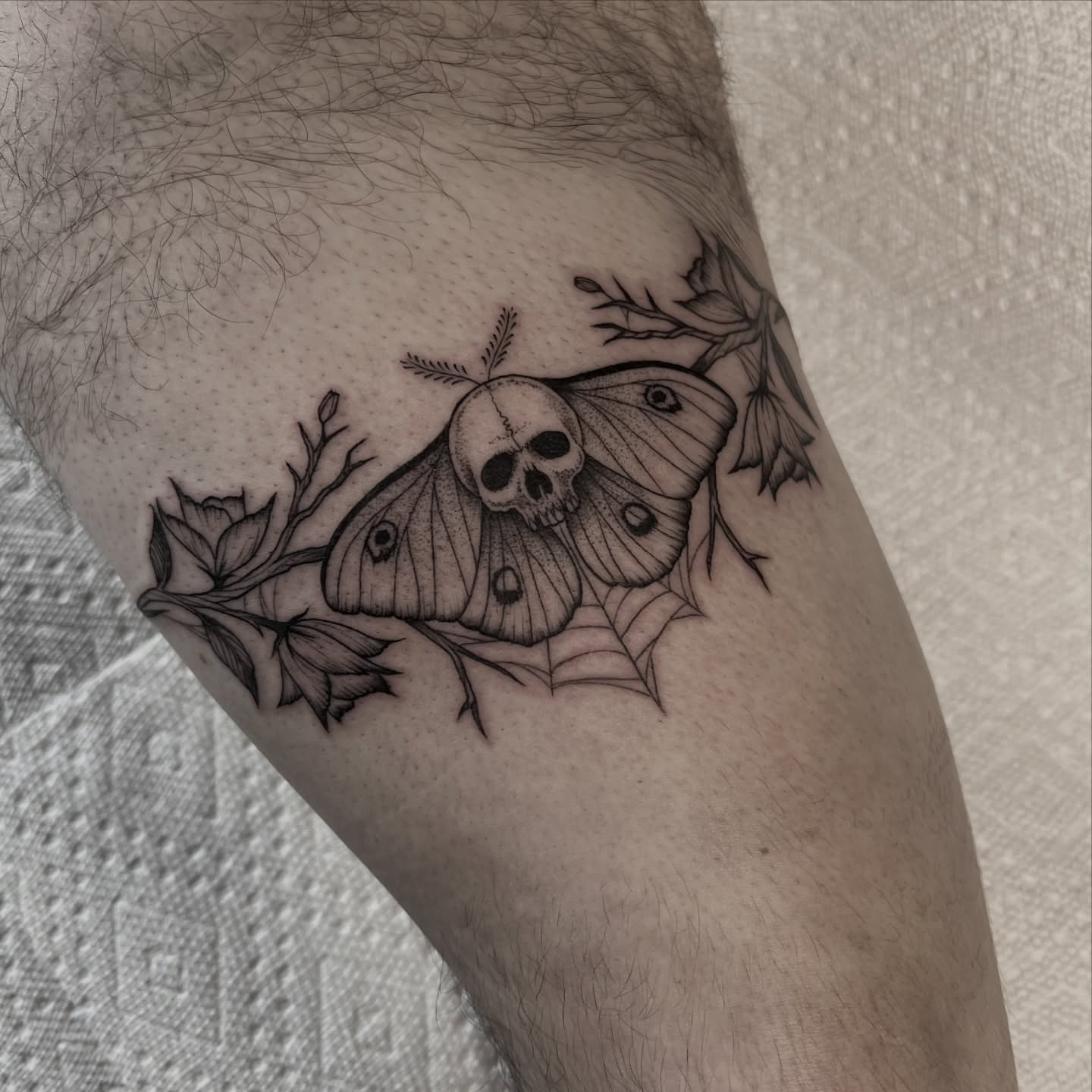Moth and skull realism tattoo on the forearm by ✶ H A N N A H K A y ✶