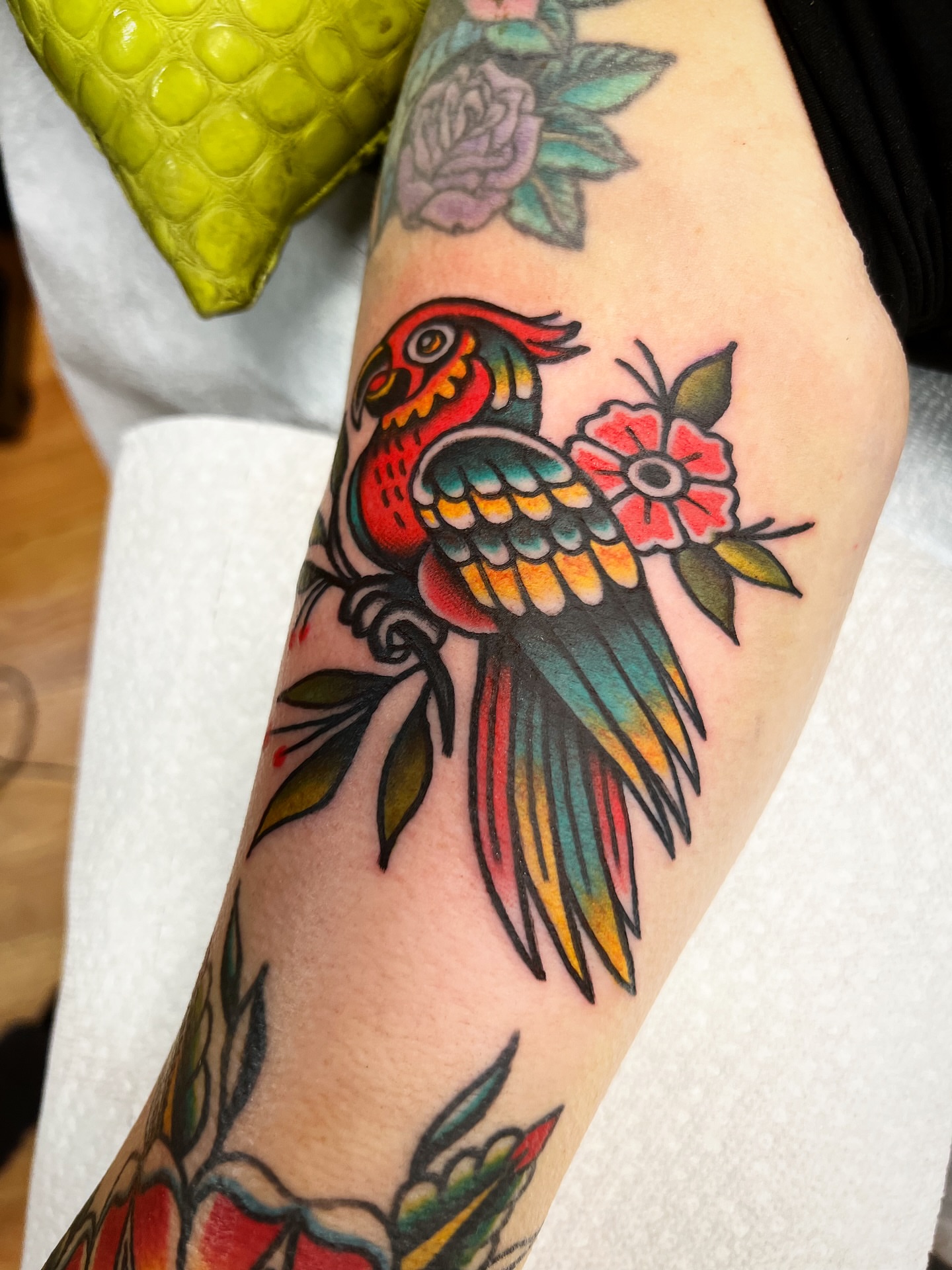 Parrot and flower American traditional tattoo on the forearm by Shannon Pagliarini