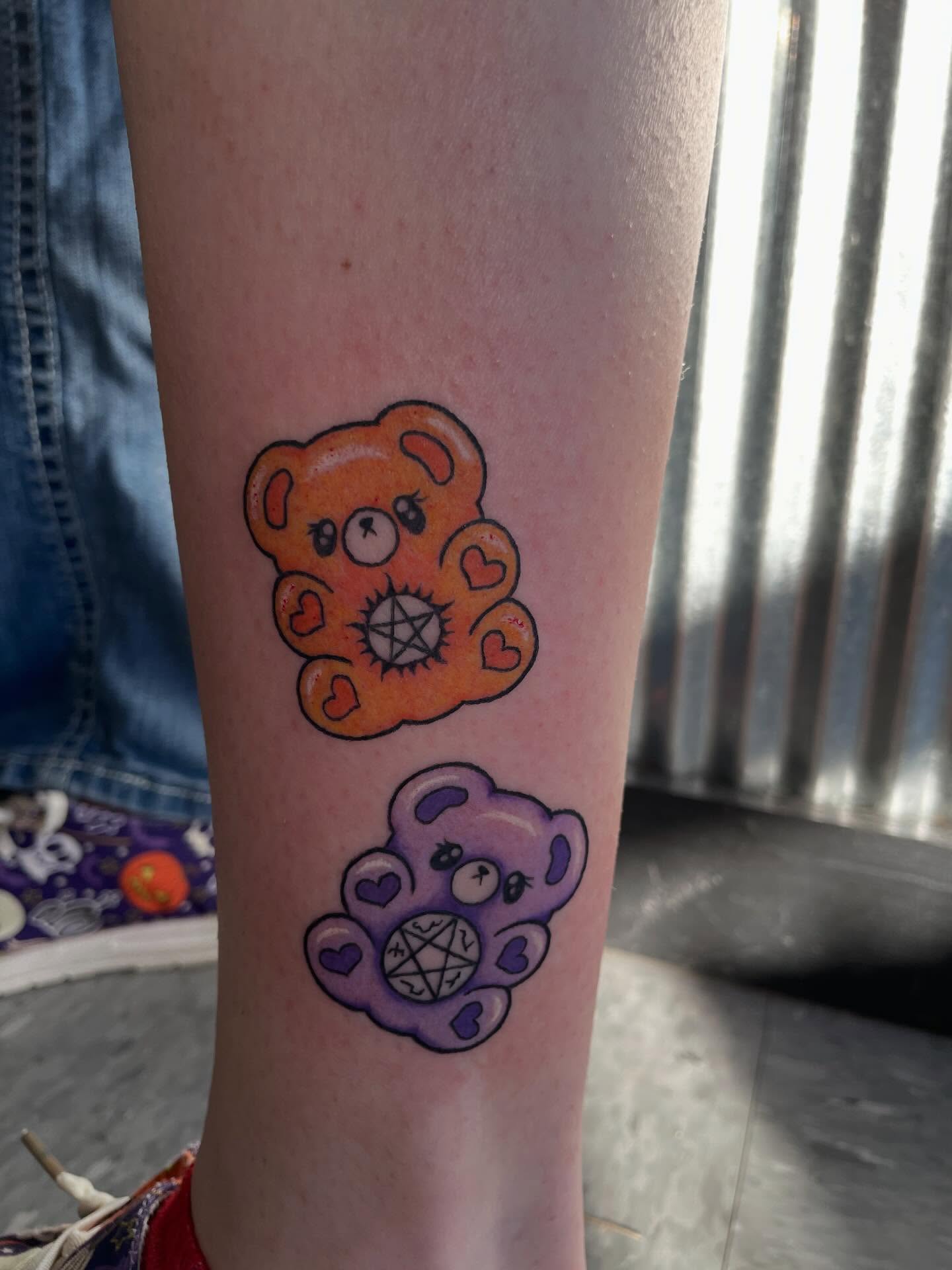 Teddy bears dotwork tattoo on the forearm by Mallory Moore