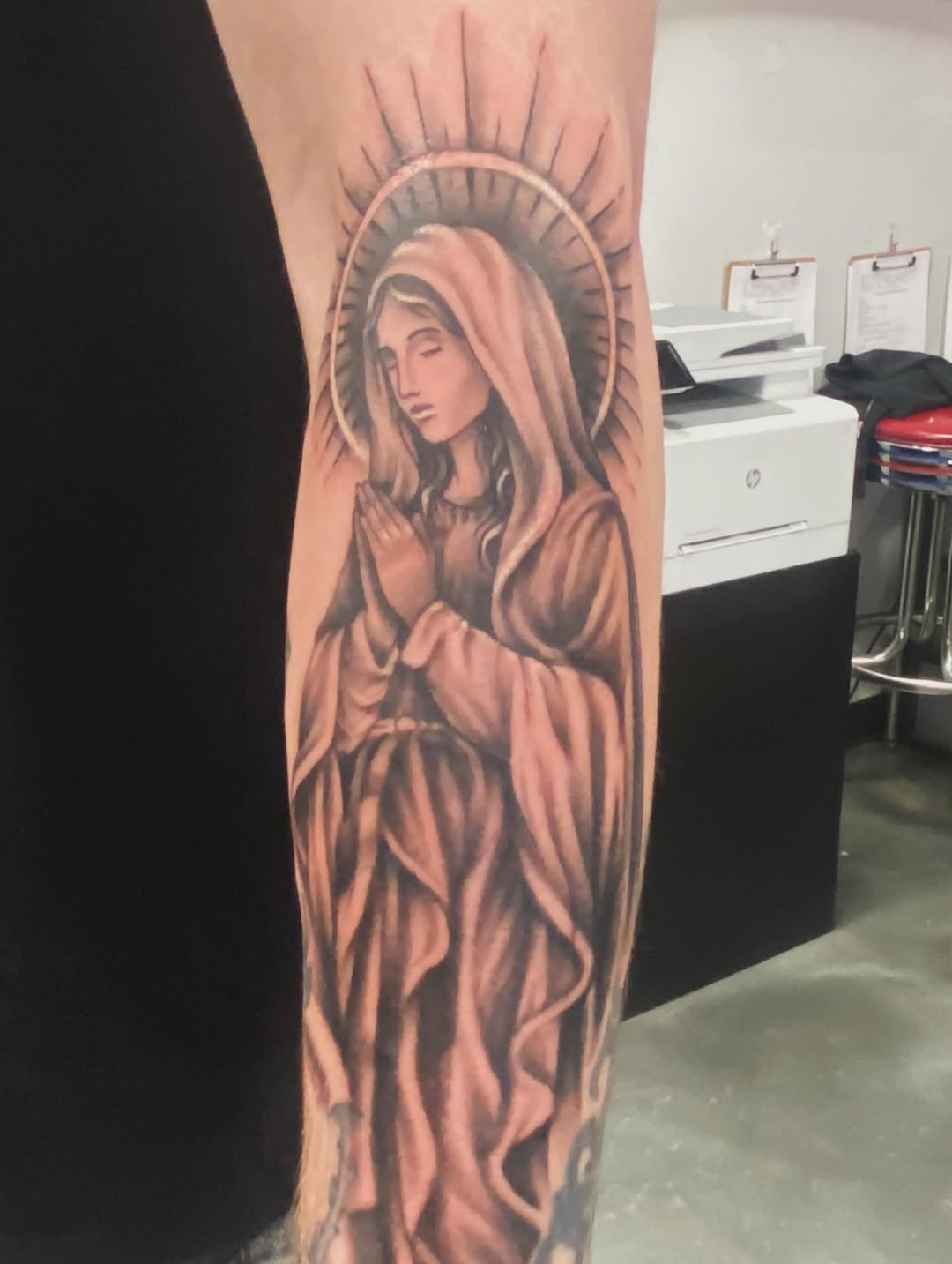 Virgin Mary praying Chicano tattoo on the forearm by Sam Hearnen, Lawrence, Kansas