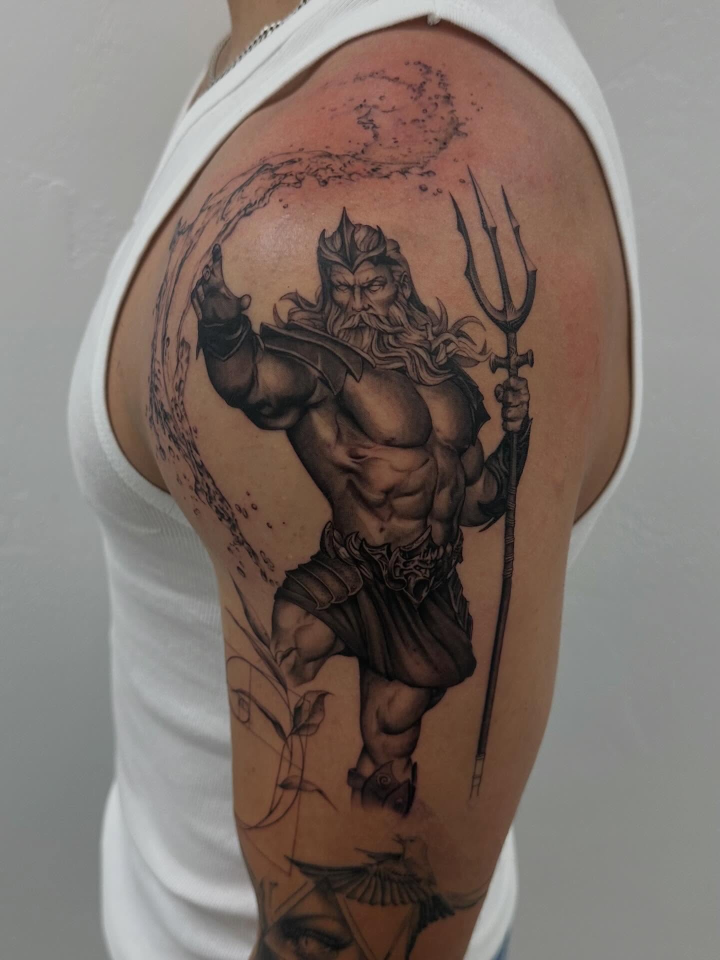 Poseidon black and grey tattoo on the shoulder by Winters Ashurst - St. George tattoo artist