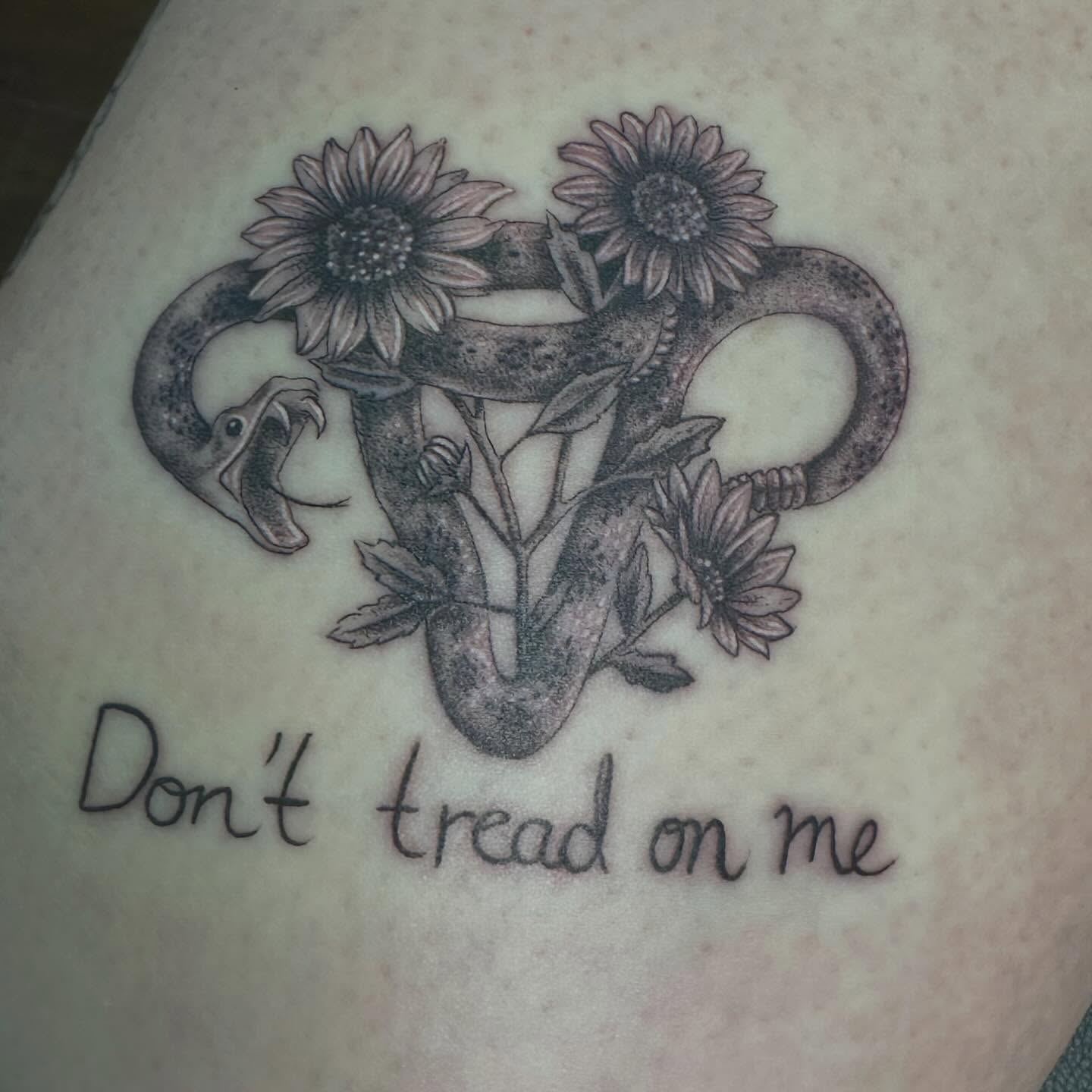 Snake and sunflowers black and grey tattoo on the thigh by Sarah Nash